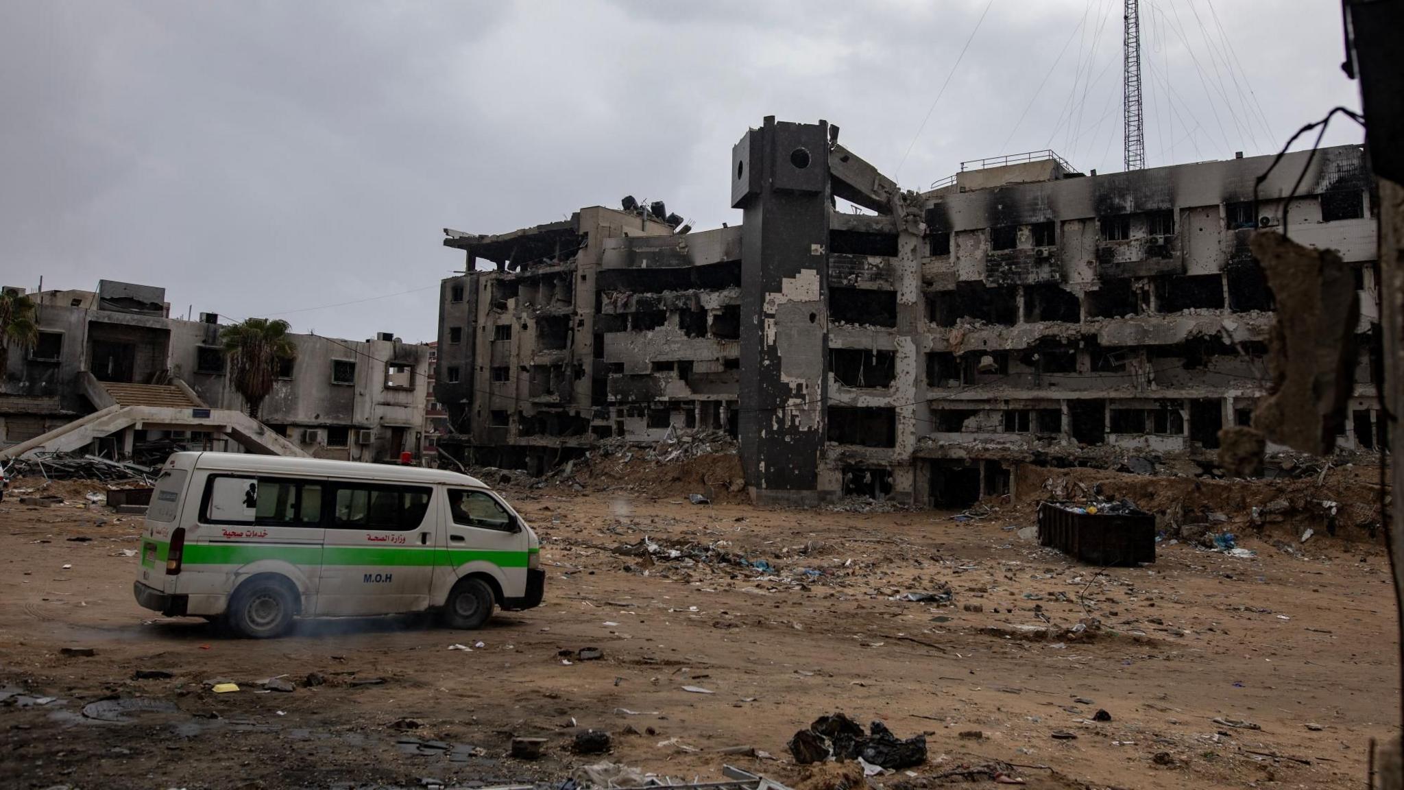 A van parked outside al-Shifa hospital in Gaza, which has been completely destroyed.