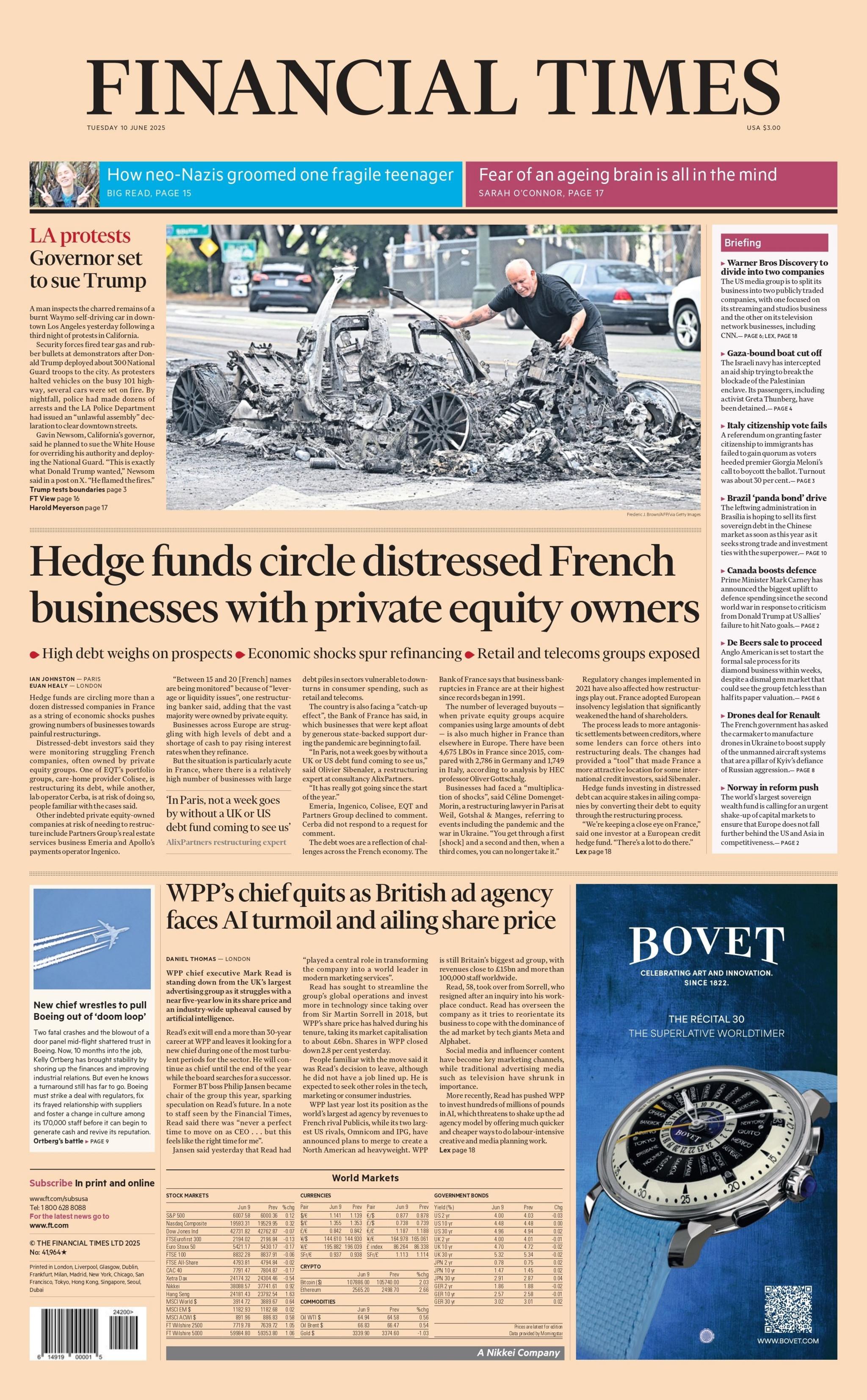 The headline of the Financial Times reads: "Hedge funds circle distressed French businesses with private equity owners".