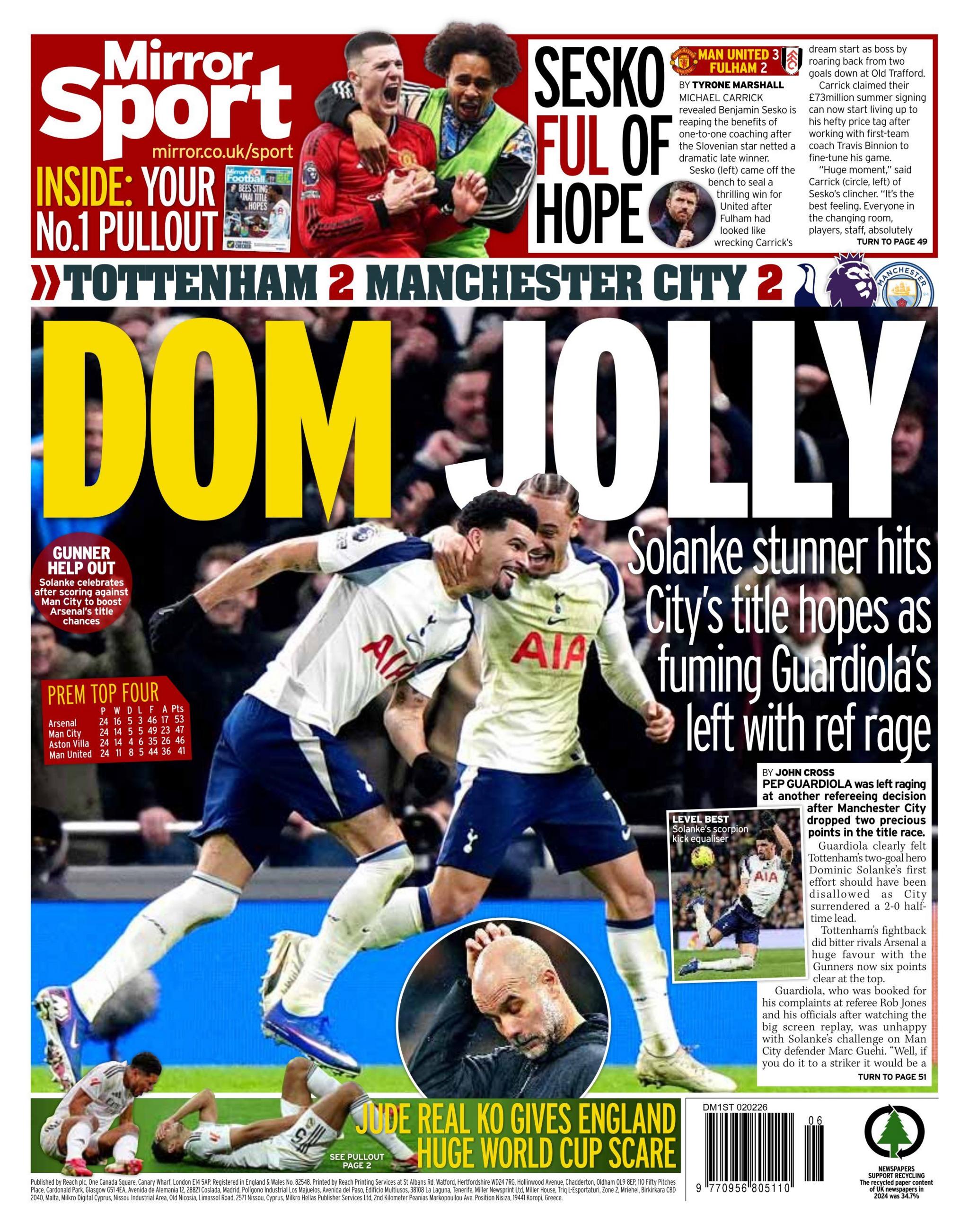 Monday's Mirror back page