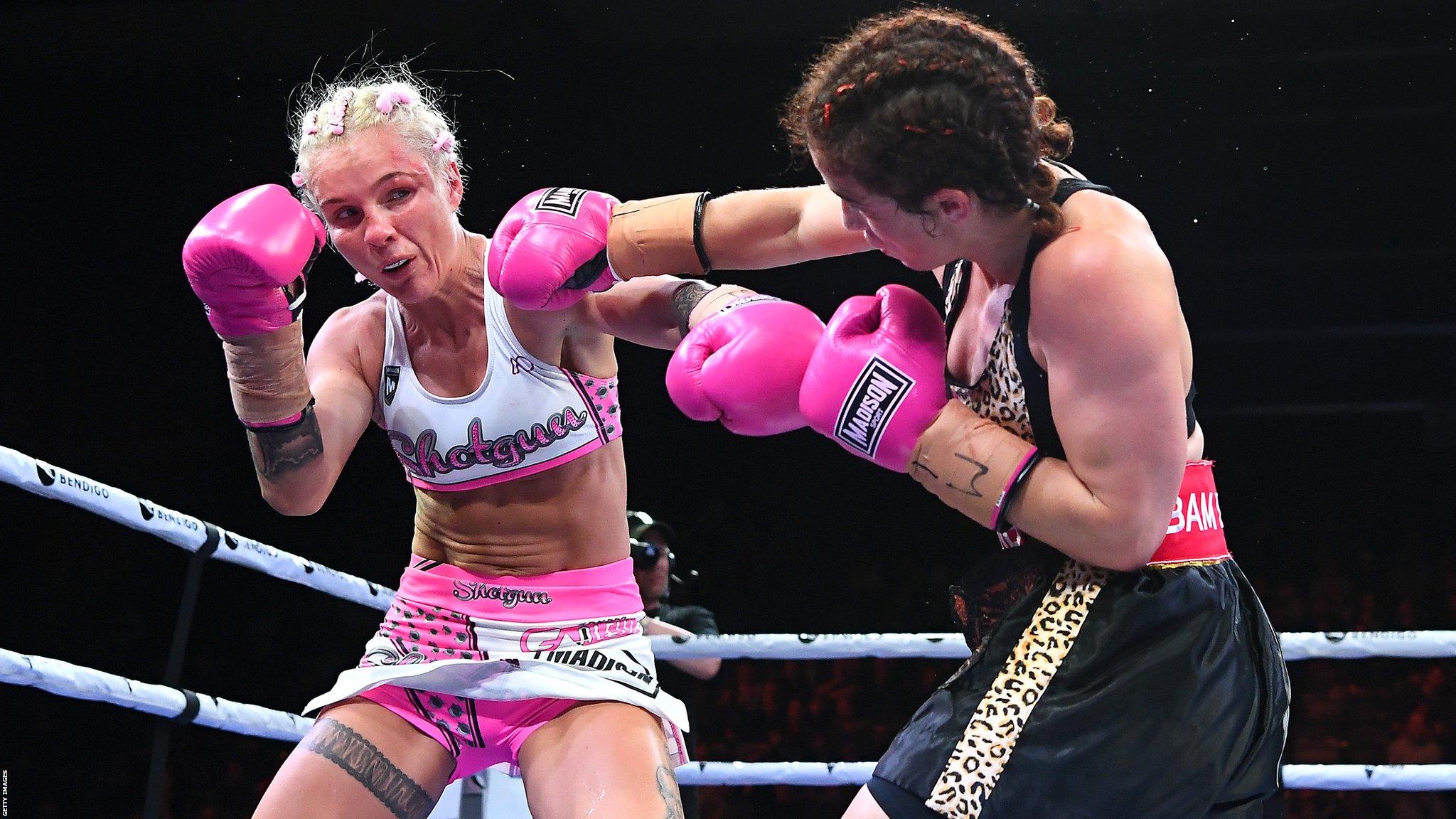 BENDIGO, AUSTRALIA - AUGUST 31: Shannon O'Connell lands a punch to Bianca Elmi during their super bantamweight fight before the Australian Middleweight bout between Jeff Horn and Michael Zerafa at Bendigo Stadium on August 31, 2019 in Bendigo, Australia. (Photo by Quinn Rooney/Getty Images)
