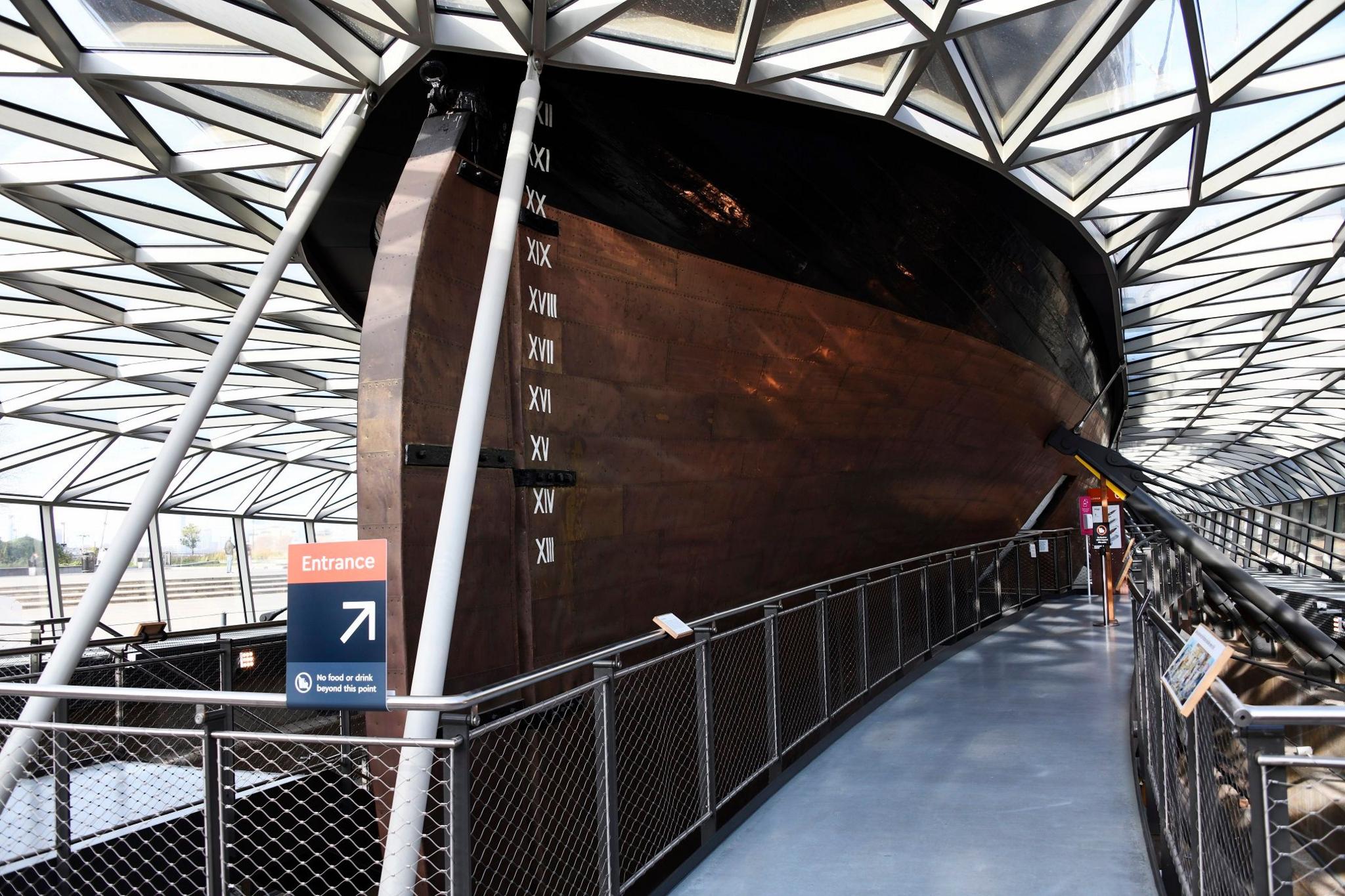 An image of the lower half of the ship, contained within a glass housing 