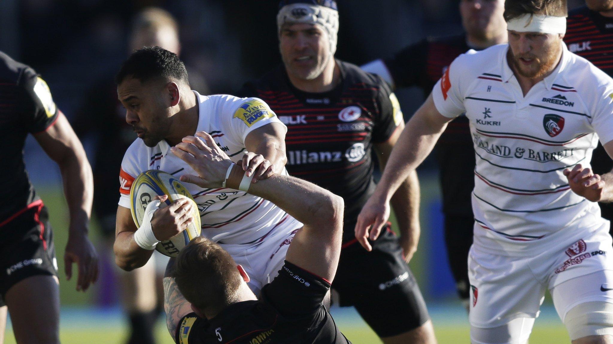 Leicester full-back Telusa Veainu carries the ball into contact