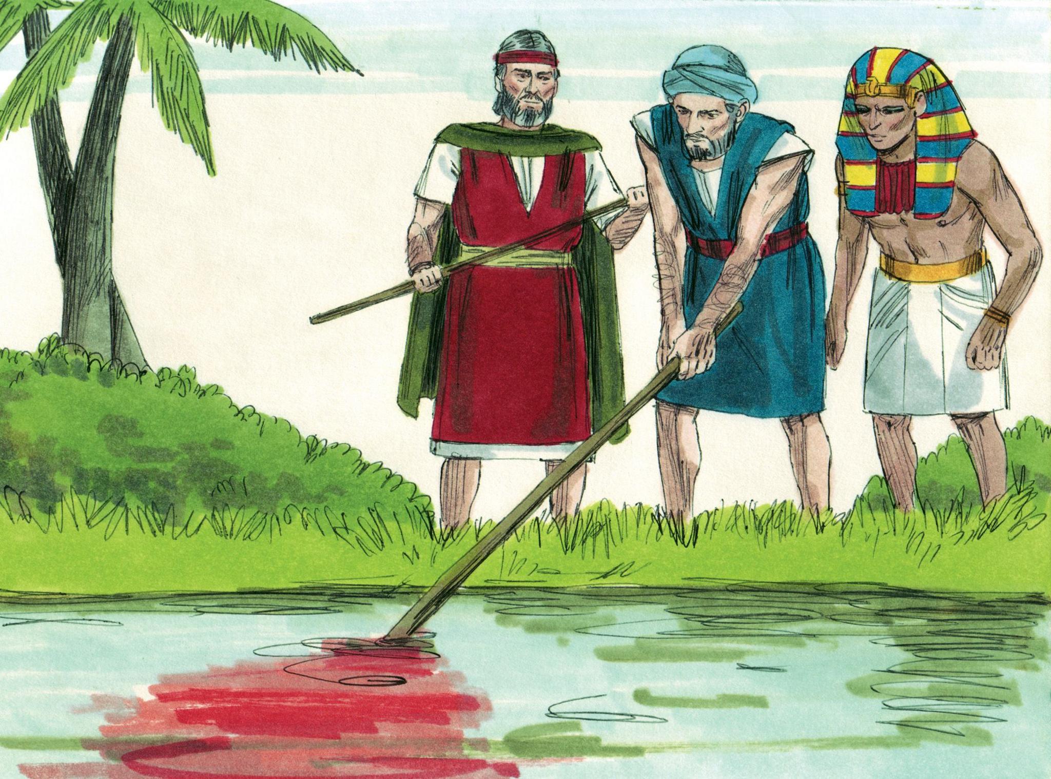 A sketch of two people and Pharaoh looking into the River Nile where there is a trail of blood.
