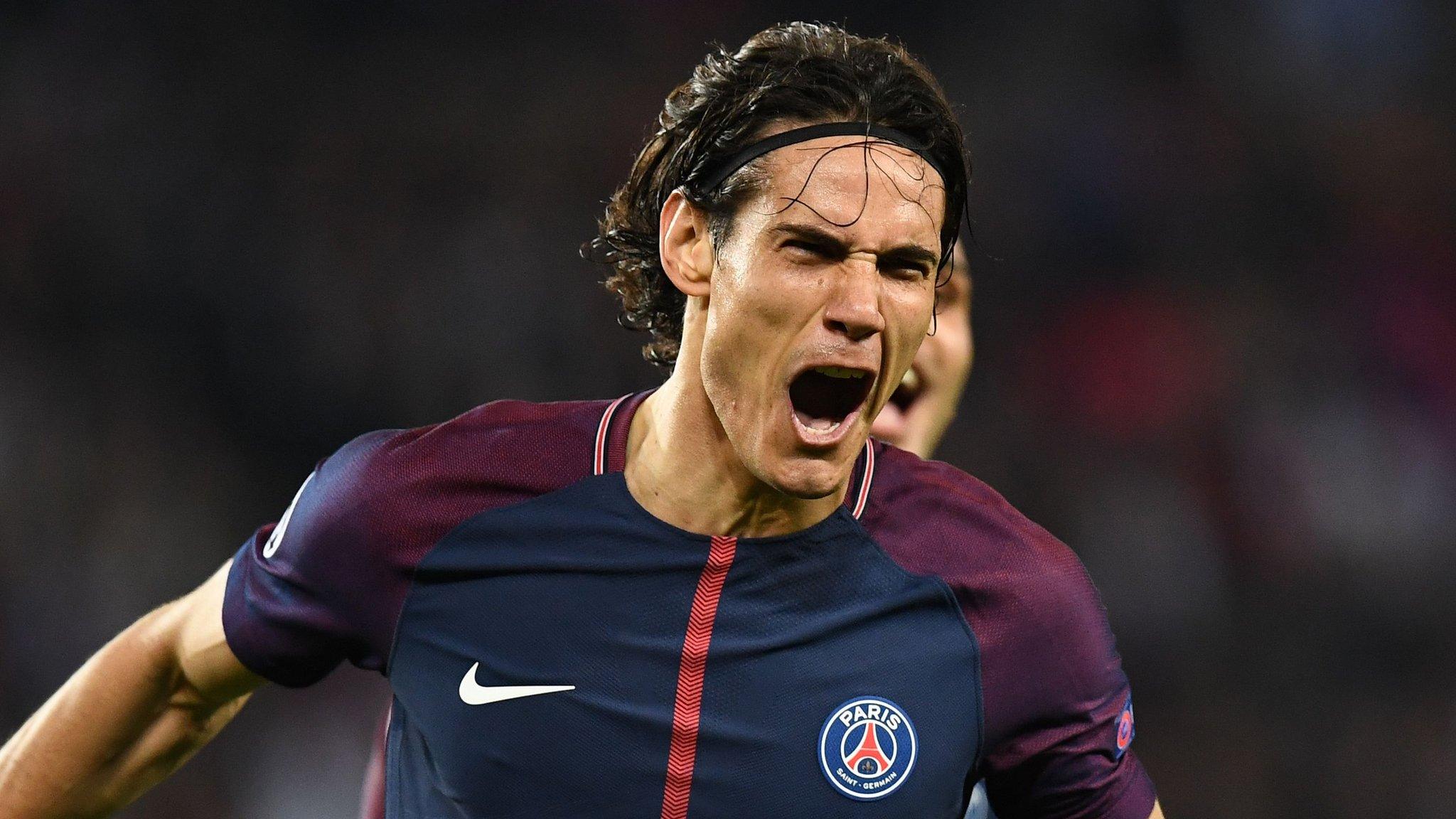 Edinson Cavani celebrates scoring for Paris St-Germain against Bayern Munich