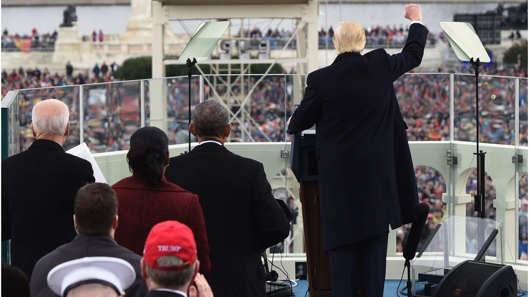 US President Donald Trump celebrates after his speech during the Presidential Inauguration at the US Capitol in Washington, DC, (January 20, 2017)