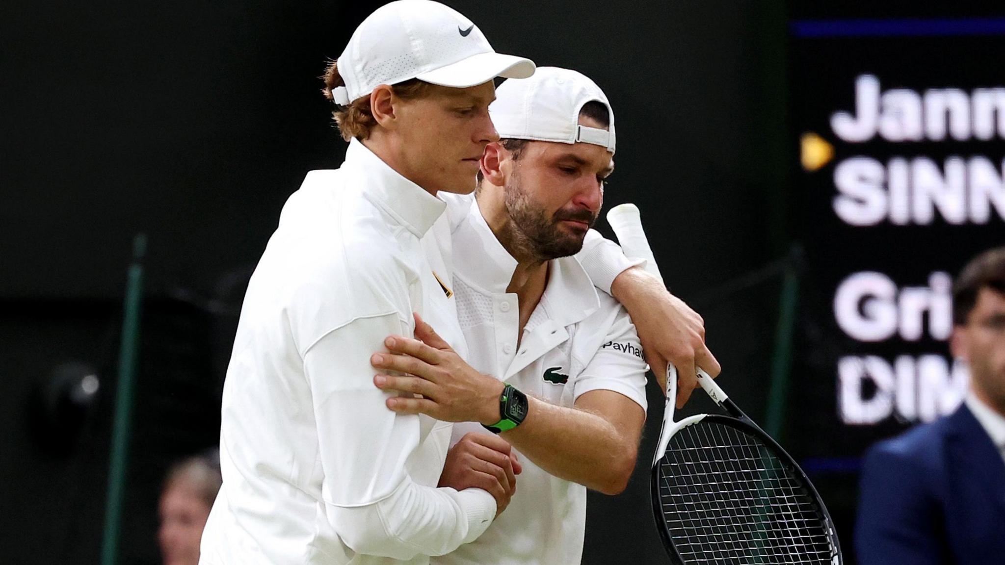 Jannik Sinner consoles Grigor Dimitrov after his injury