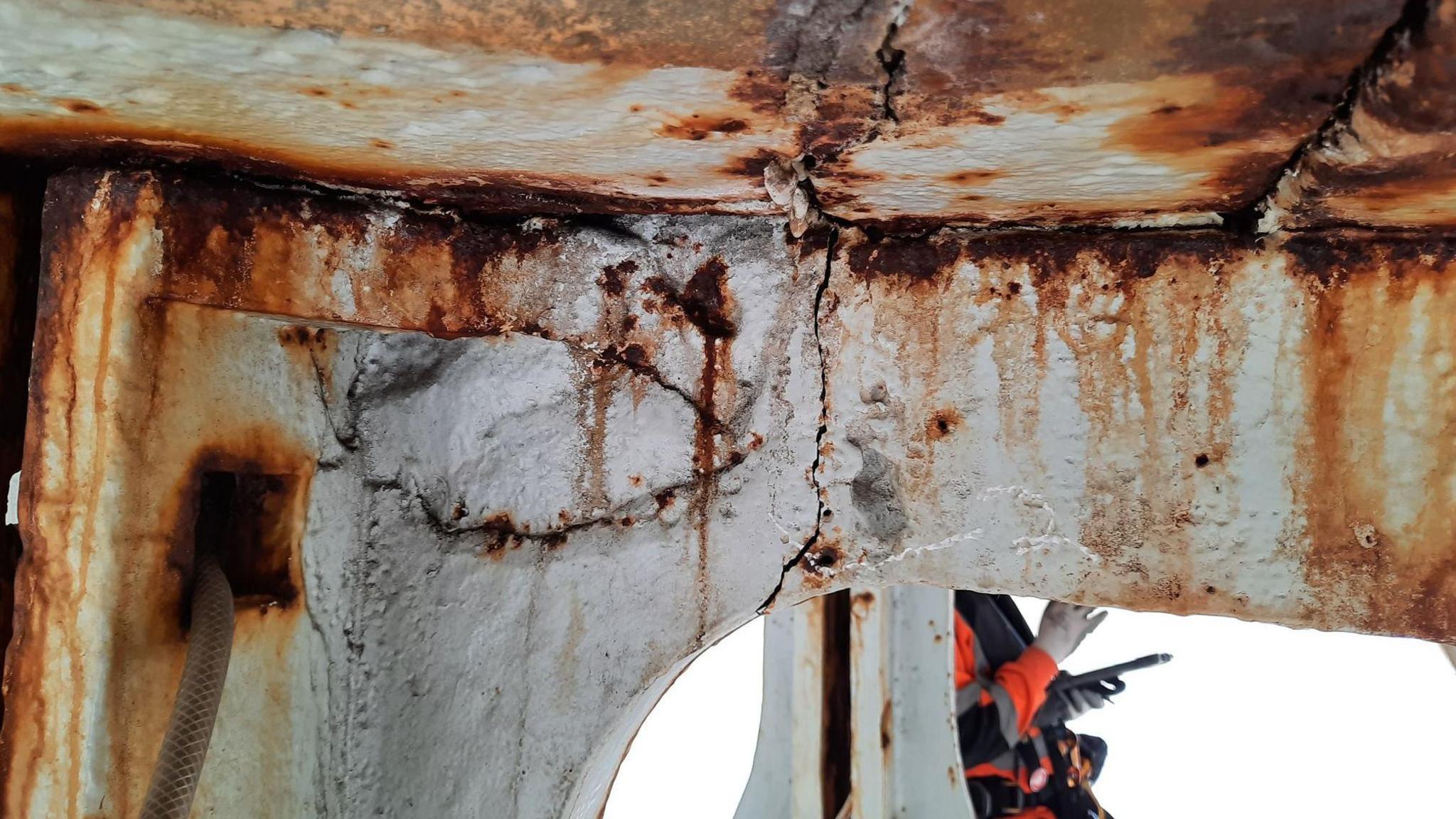 A close-up shout of a crack in rusty iron work 