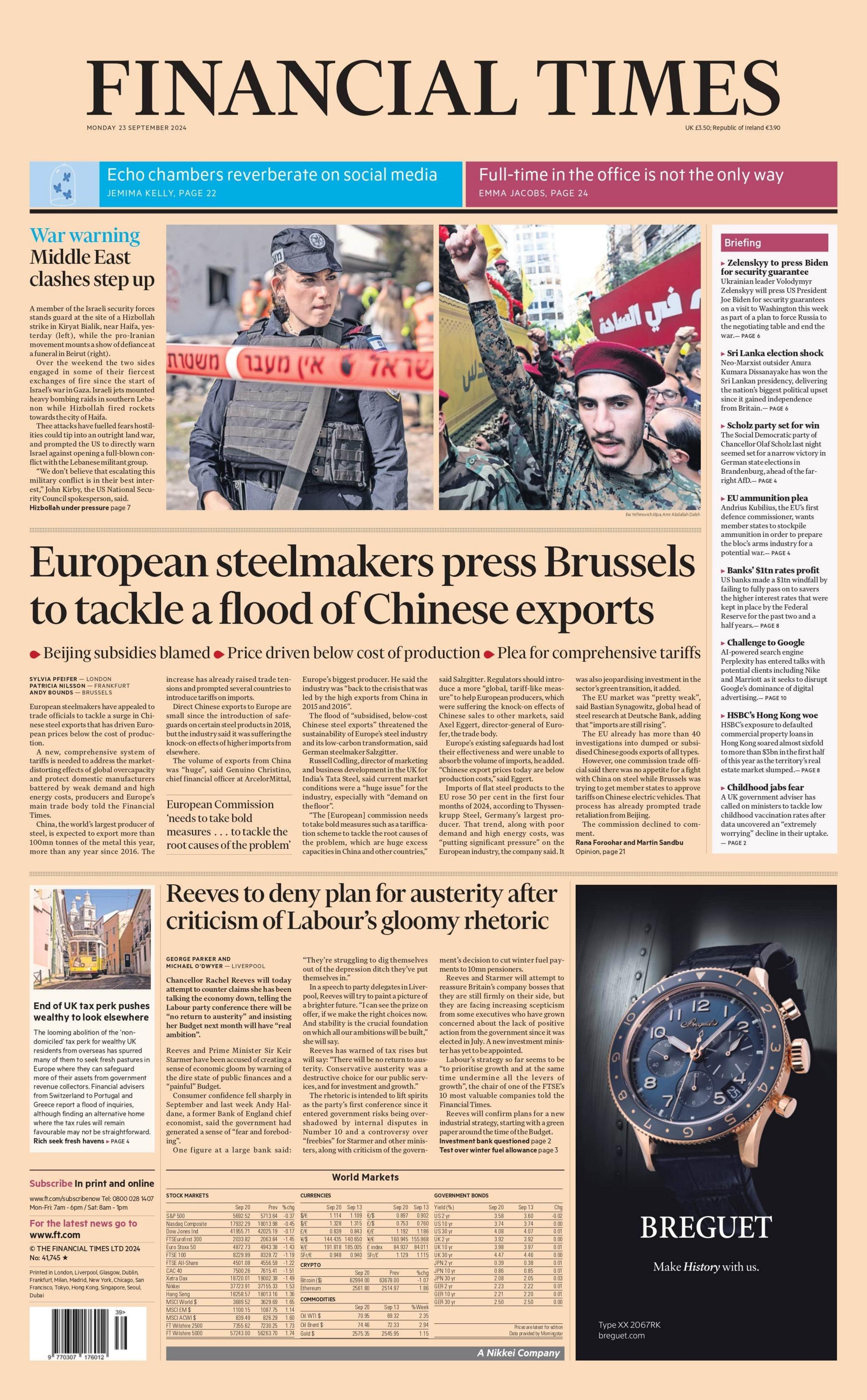 The Financial Times headline reads: European steelmakers press Brussels to tackle a flood of Chinese exports