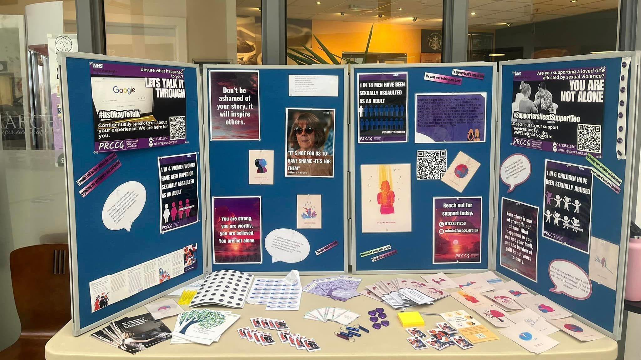 A blue pin board with posters and messages on display on the topic of sexual violence. The information includes statistics and information on support groups. The board is propped up on a table with a number of pamphlets laid out. 