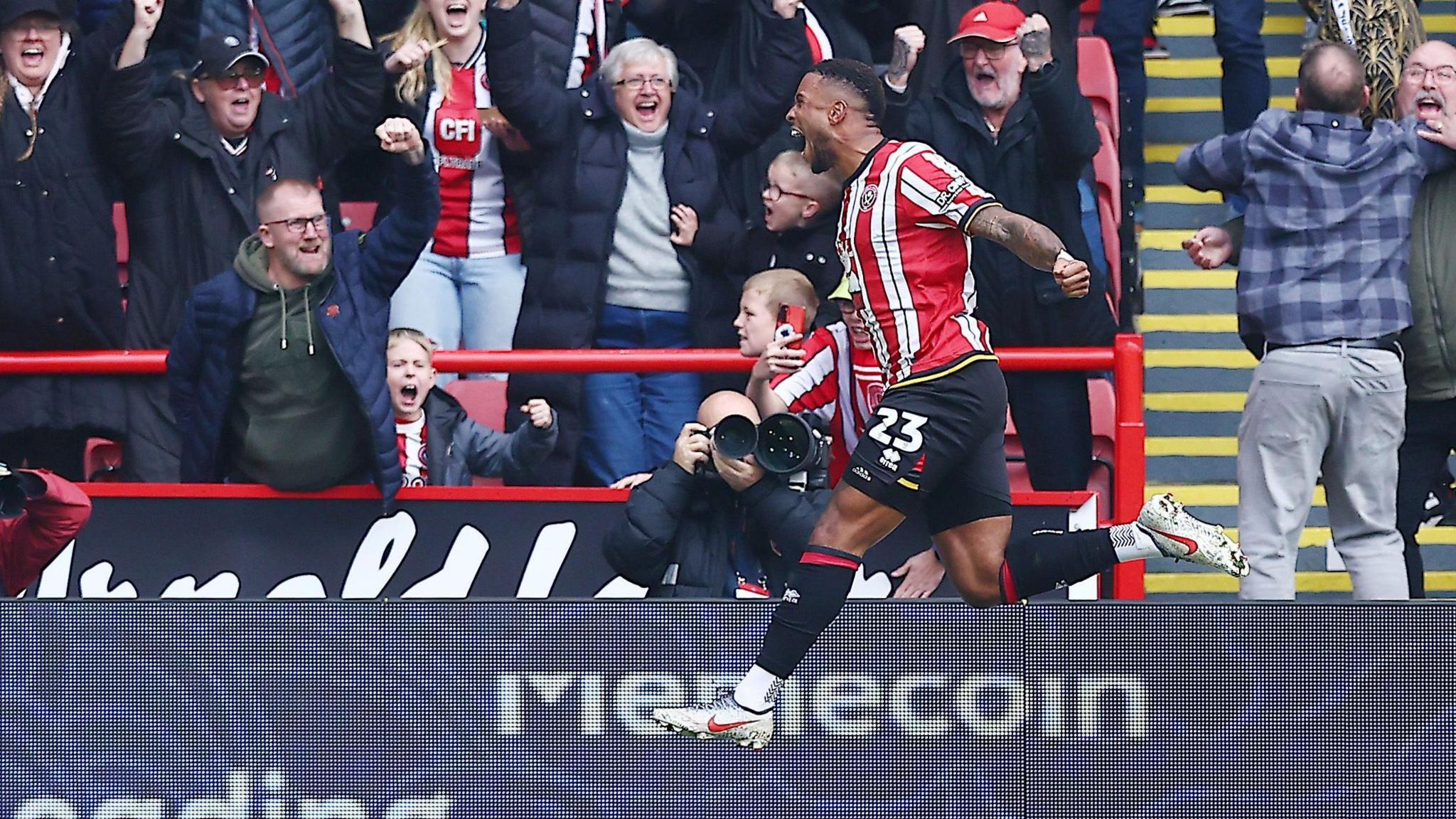 Sheffield United forward Tyrese Campbell celebrating scoring the winning goal against Sheffield Wednesday