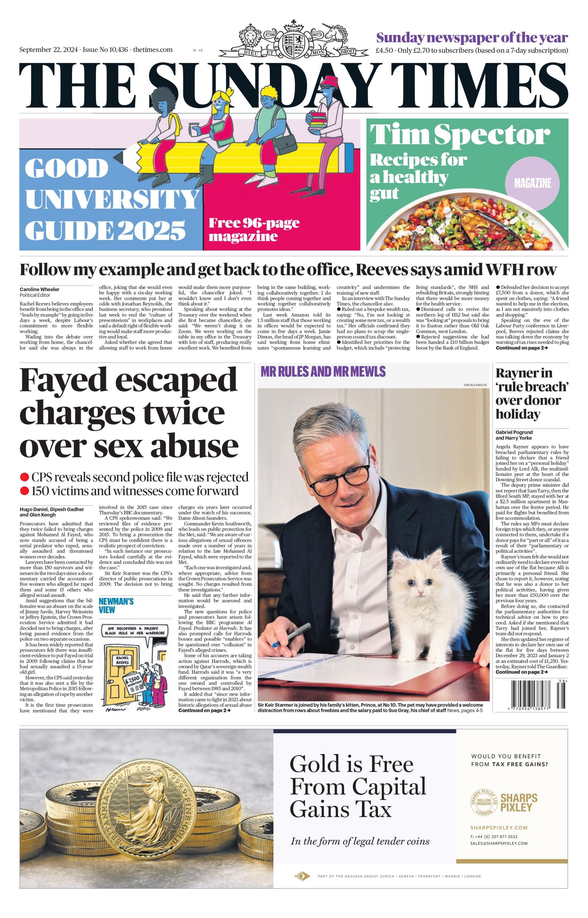 The Sunday Times headline reads: Fayed escaped charges twice over sex abuse