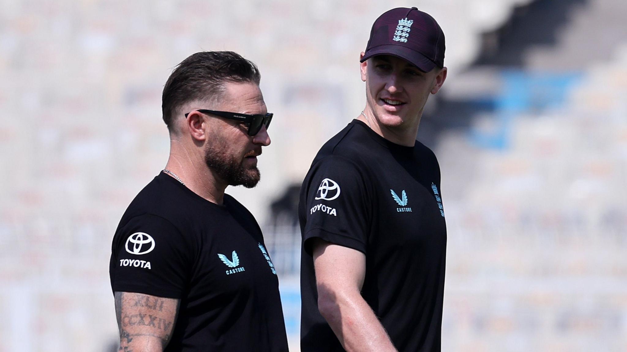 Brendon McCullum, England head coach, and Harry Brook of England are seen ahead of the ICC Men's T20 World Cup India & Sri Lanka 2026 match between England and Scotland at Eden Gardens
