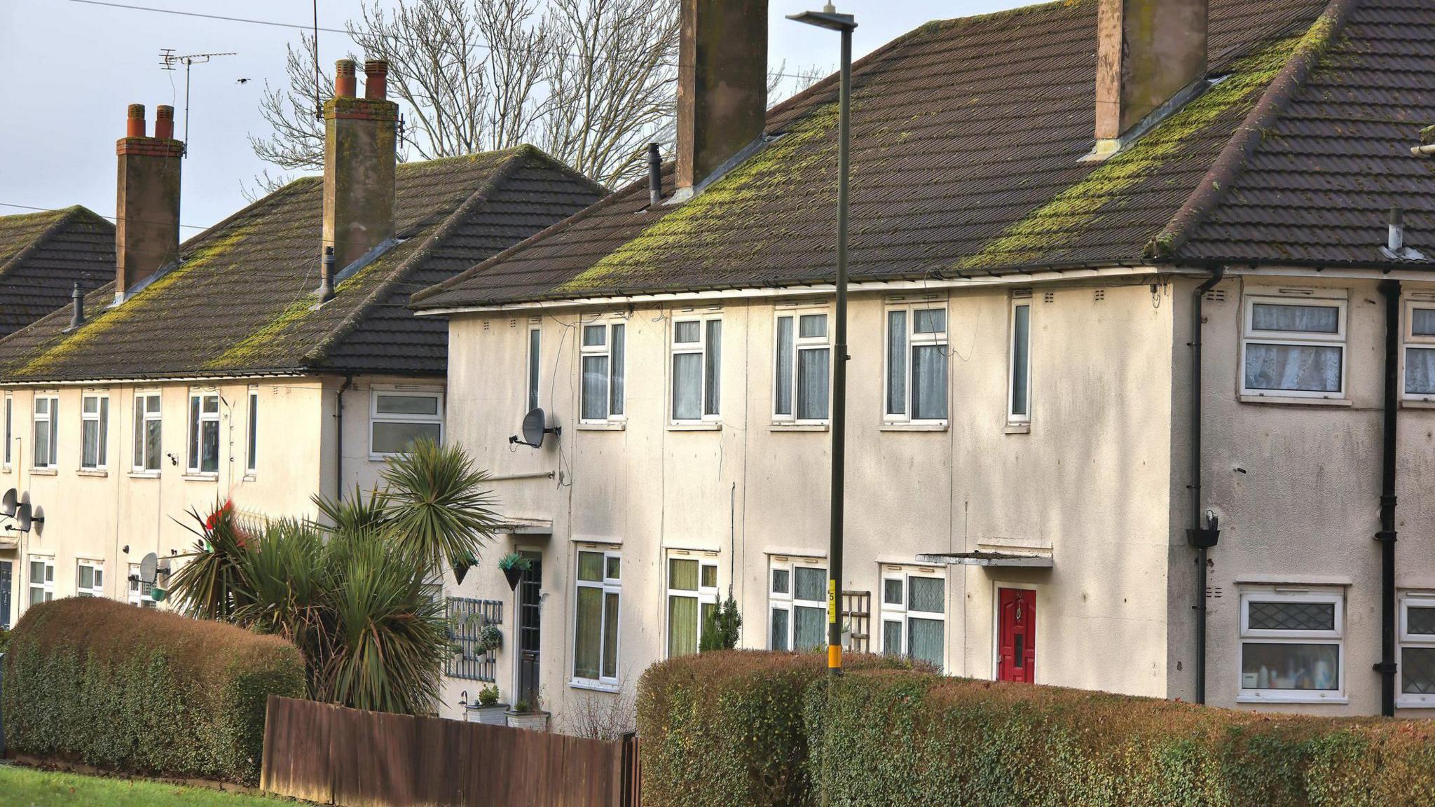 A row of white houses with a hedge in front, in West Heath, a suburb in the south of Birmingham