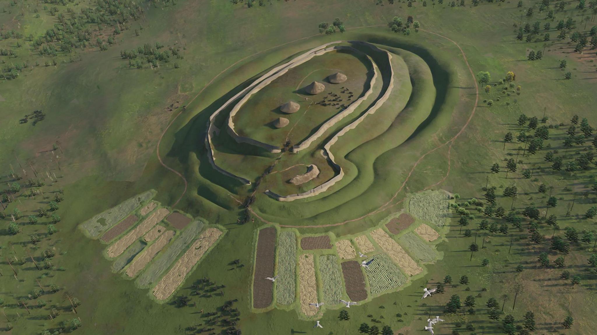 A visualisation of Broxy Kennels Fort and souterrain as it may once have looked around 400 BC. It shows a hillfort with oval shaped ramparts and ditches and outside the protected areas, fields with crops.