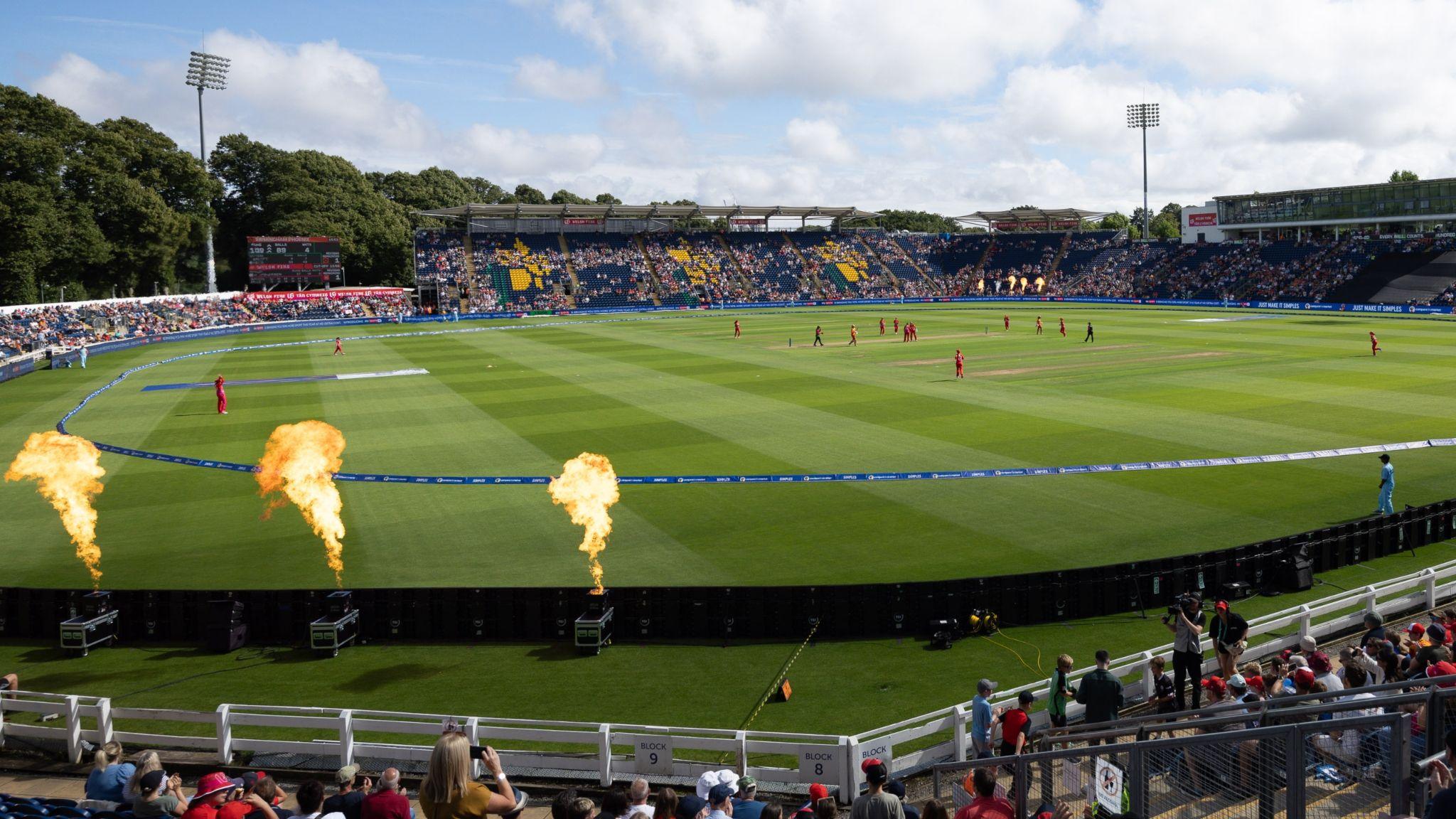 Flame throwers go off on the boundary during a cricket match at Sophia Gardens