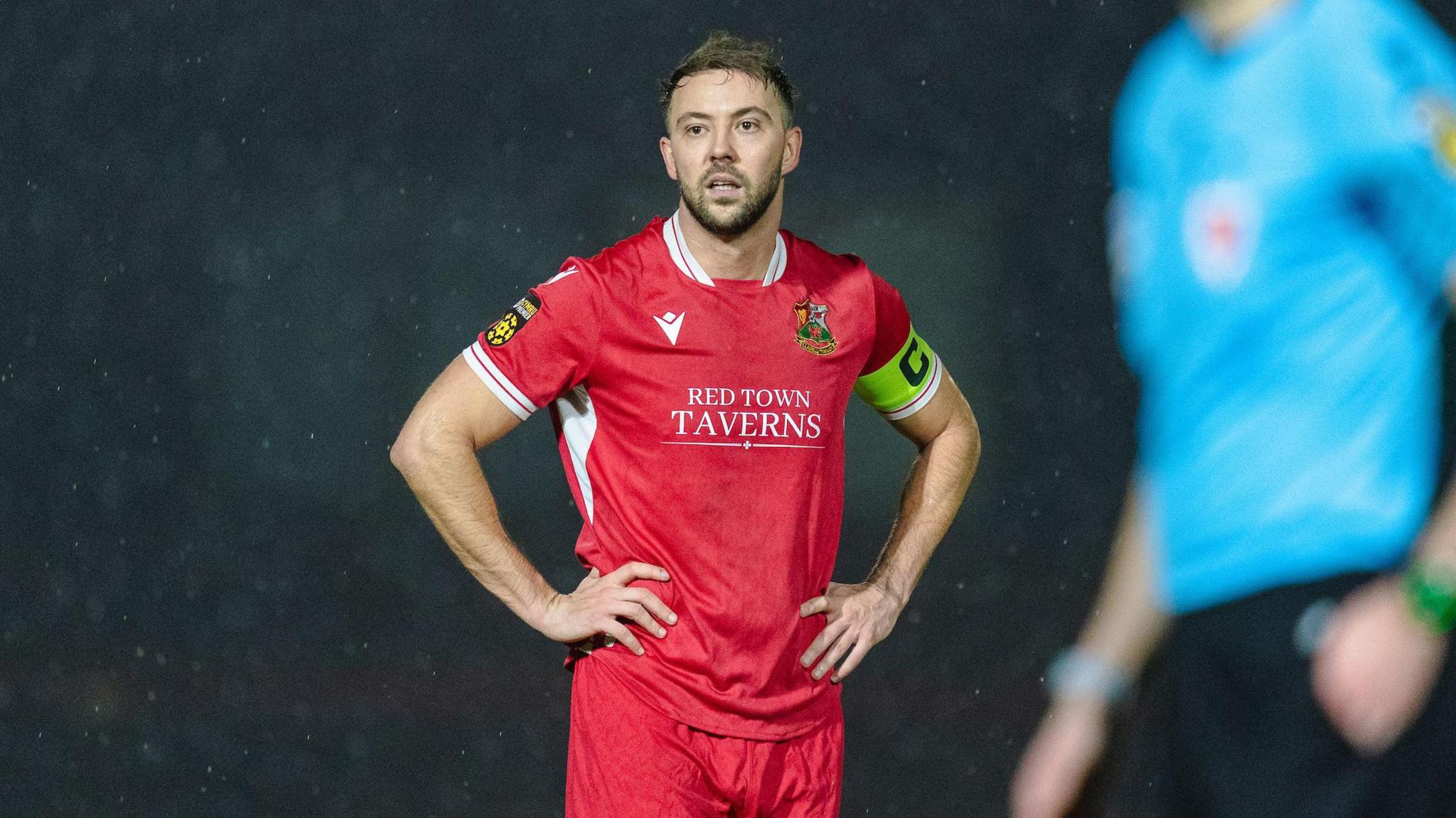 Joe Hopkins of Llanelli Town after relegation is confirmed for Llanelli Town during the JD Cymru Premier 2025/26 - Play-Off Conference fixture Llanelli Town vs Haverfordwest County at Stebonheath Park