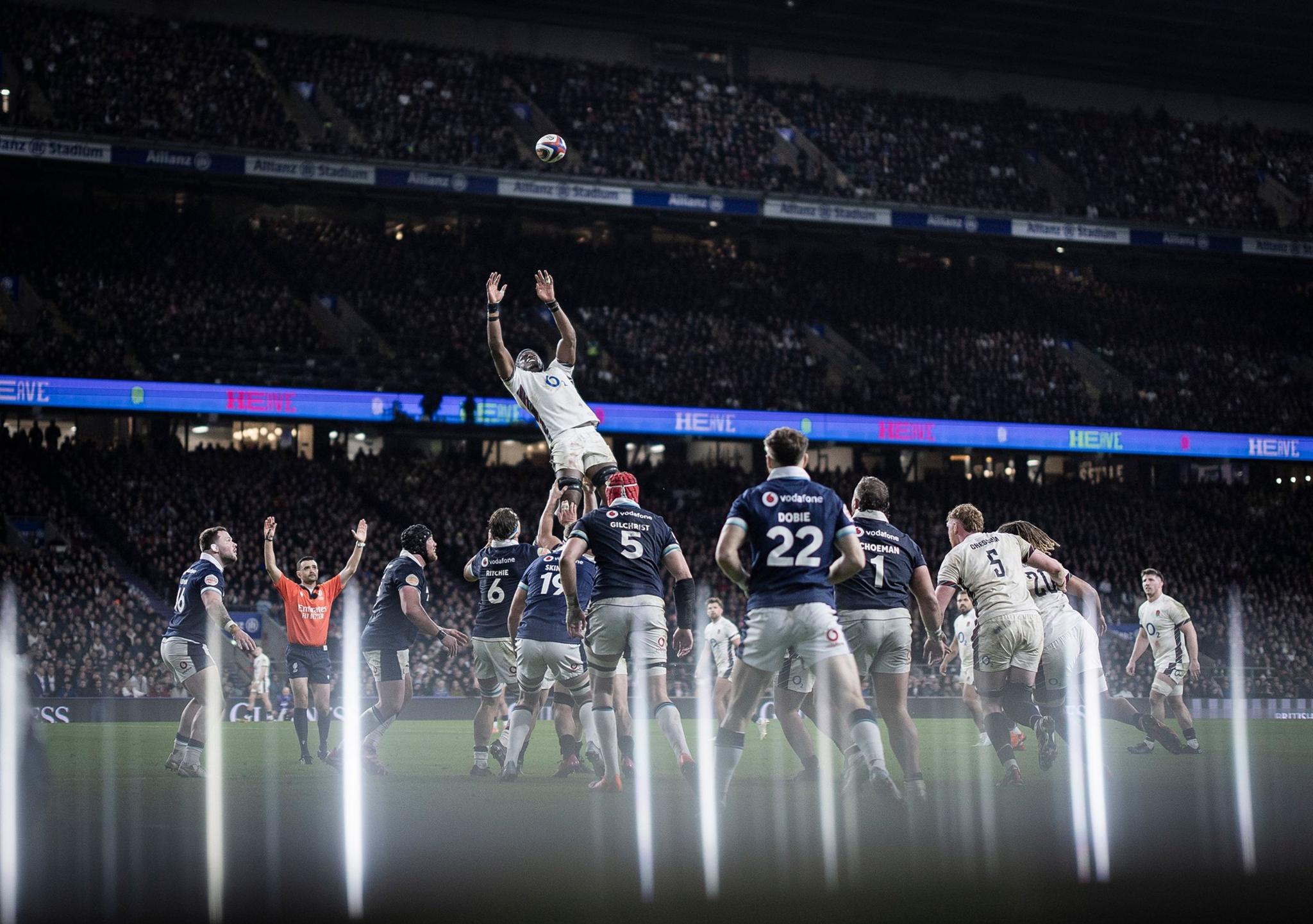 England's Maro Itoje wins a line-out during their Six Nations victory over Scotland at the Allianz Stadium, Twickenham