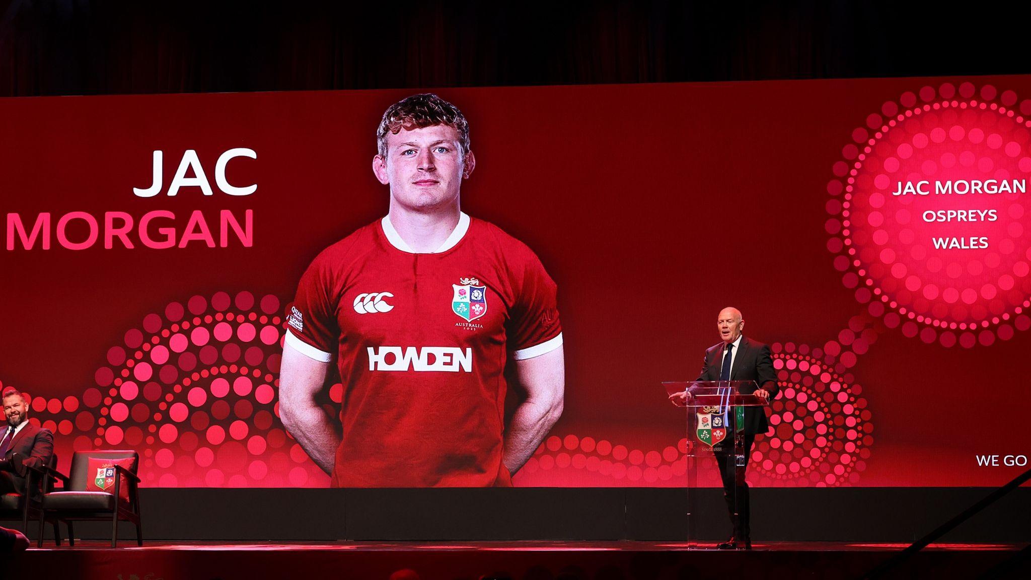 Jac Morgan image behind Ieuan Evans during the naming of the 2025 British and Irish Lions squad