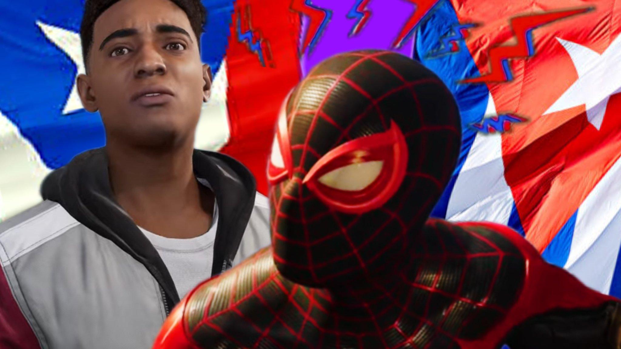 Miles Morales Spider-Man in front of Puerto Rican and Cuban flags.