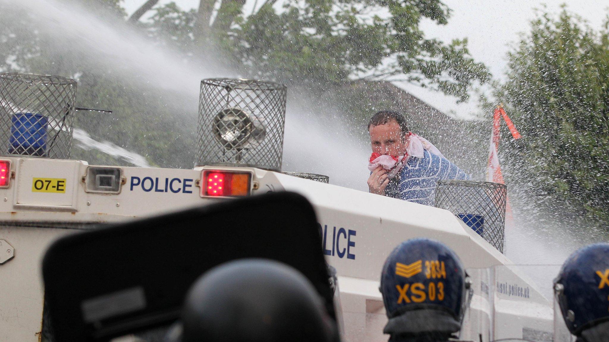 Water cannon being used by police in Belfast (12/07/13)