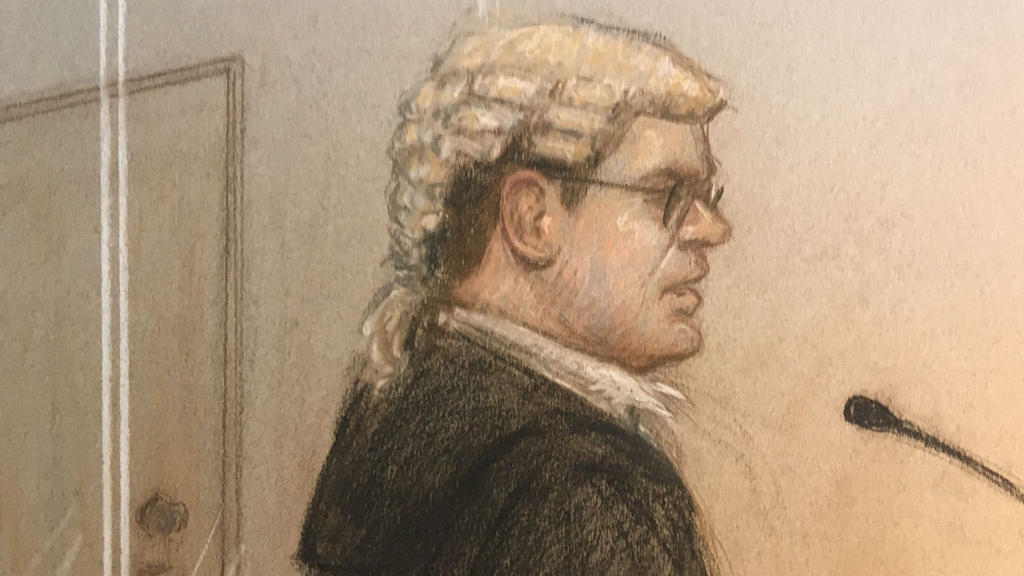 Courtroom sketch of Tom Little KC speaking into the microphone