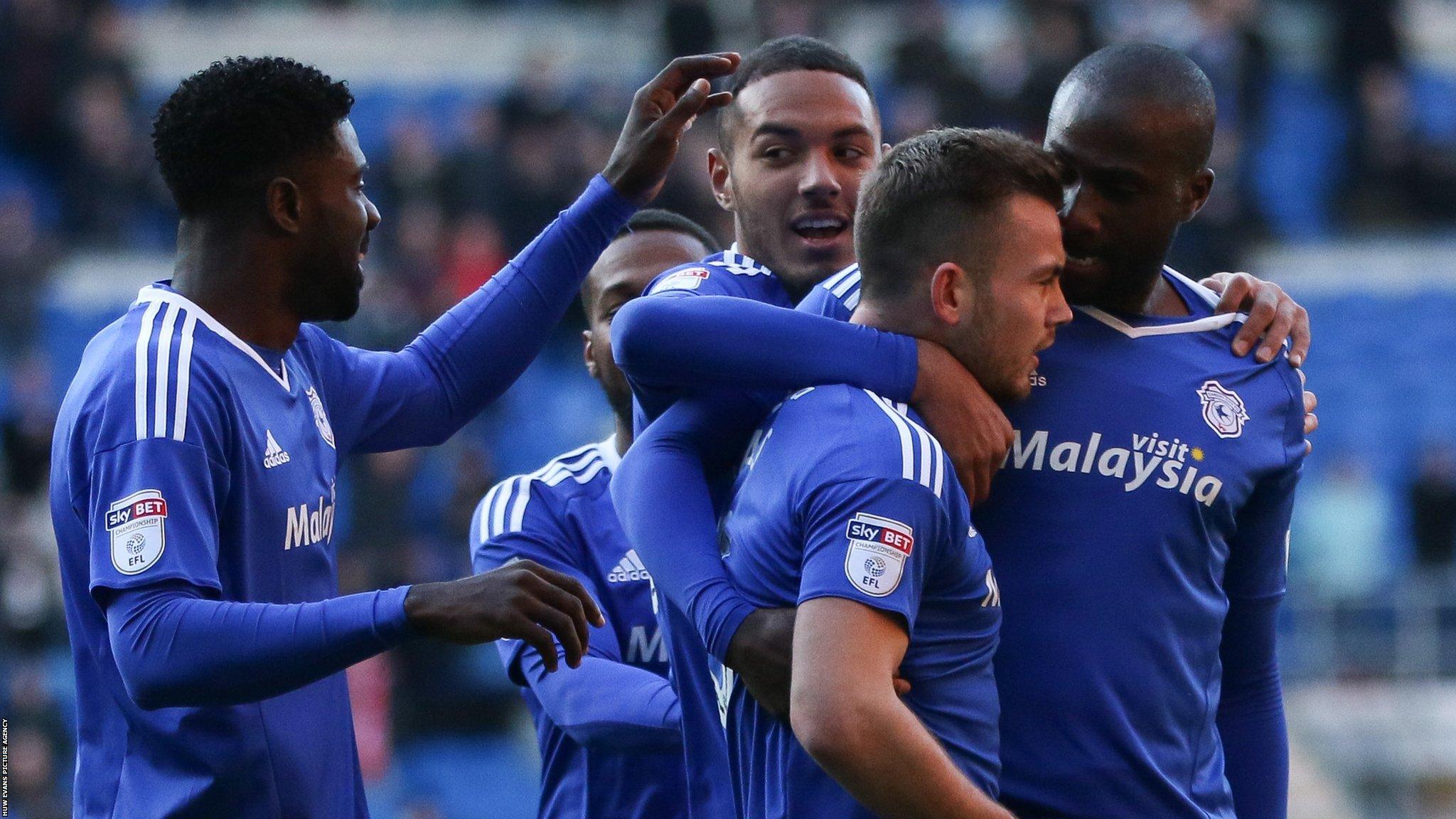 Cardiff City celebrate their goal against Aston Villa