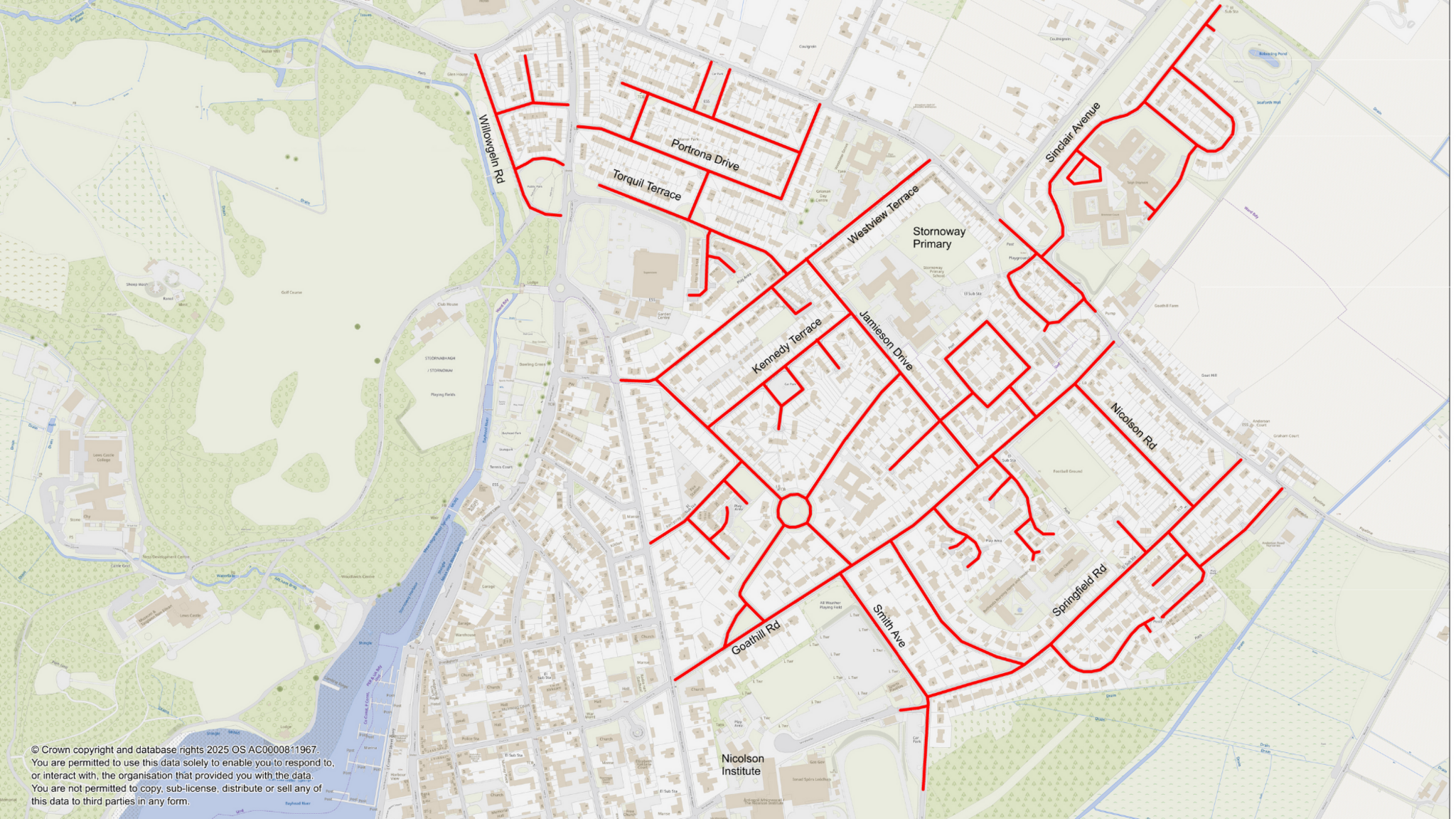 Mapa a' sealltainn far am bi na caisg-astair 20msu ann an Steòrnabhagh