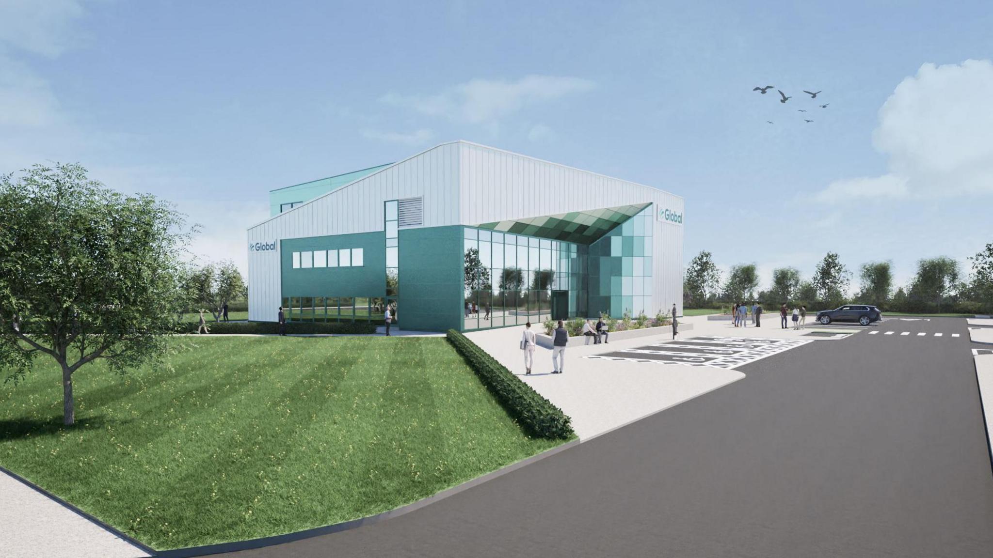 The HQ is a modern, box shaped with sloping roofs and glass front. The building is set in a green space. There are people walking near the building.