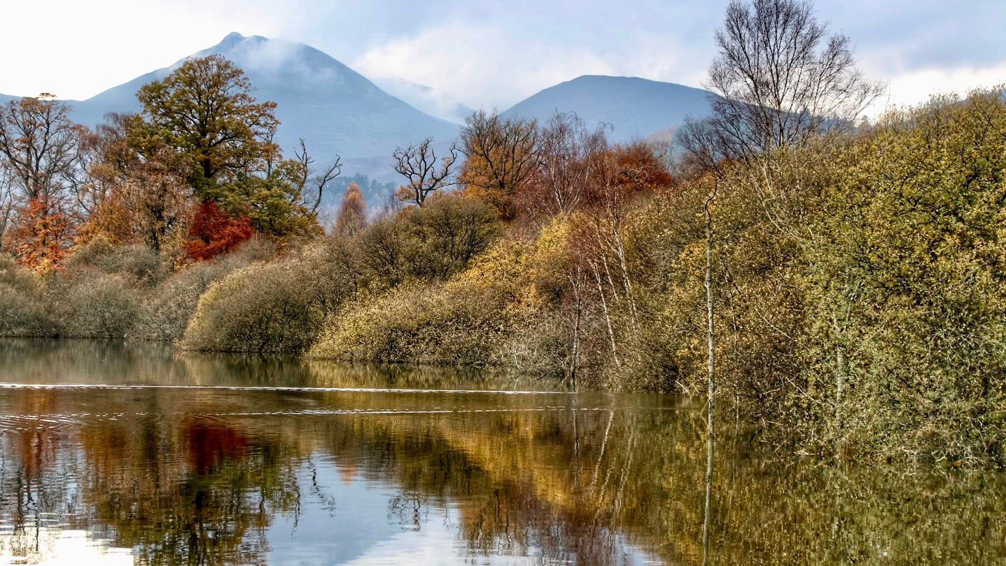 Trees with leaves in shades of reds, brown and beige reflect off Derwentwater. The fells in the background look black. 
