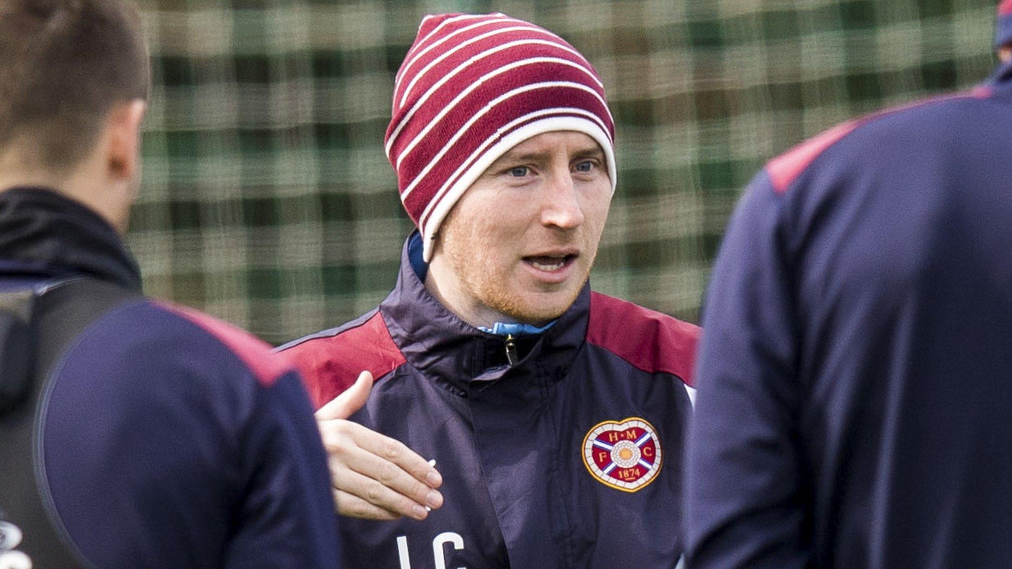 Hearts head coach Ian Cathro takes training on Thursday