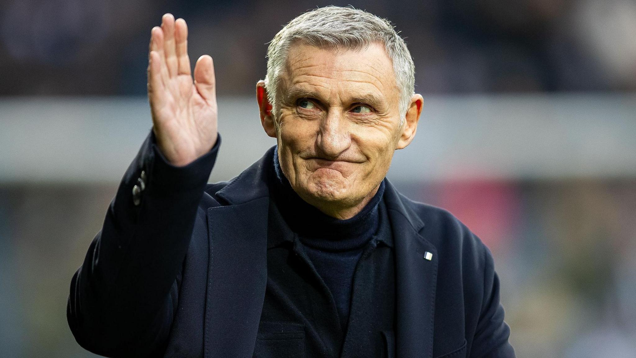 Tony Mowbray waves to West Brom fans