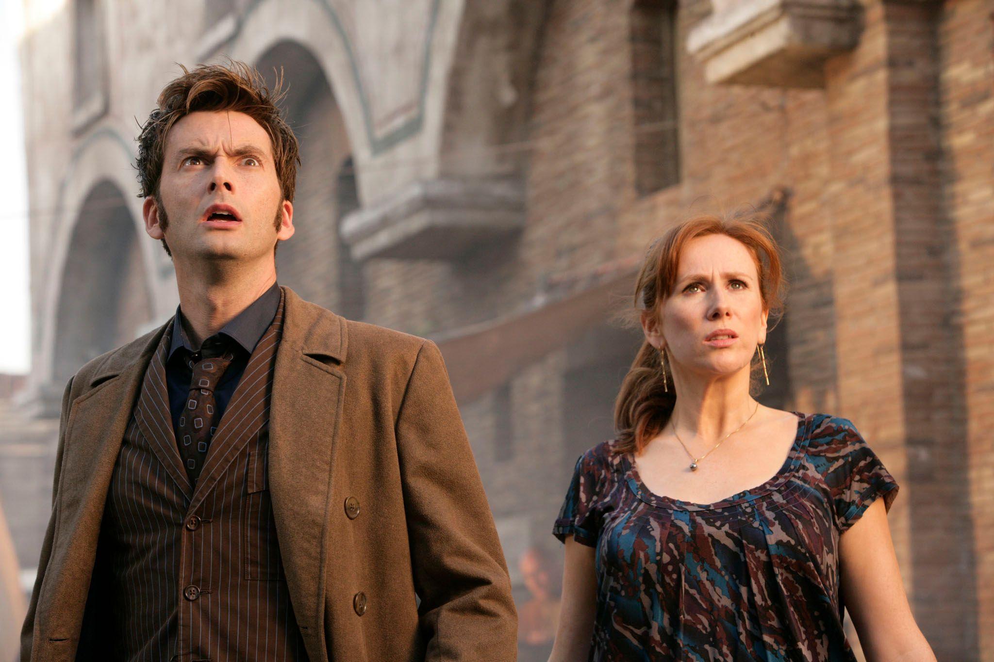 The Doctor and Donna look worried in Pompeii 