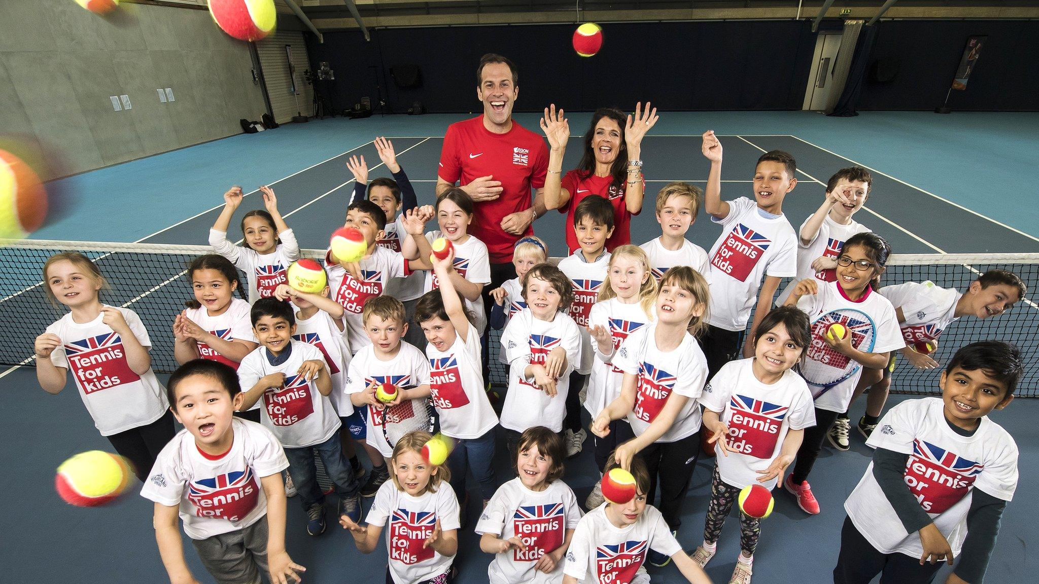 Greg Rusedski and Annabel Croft launch Tennis for Kids with some children