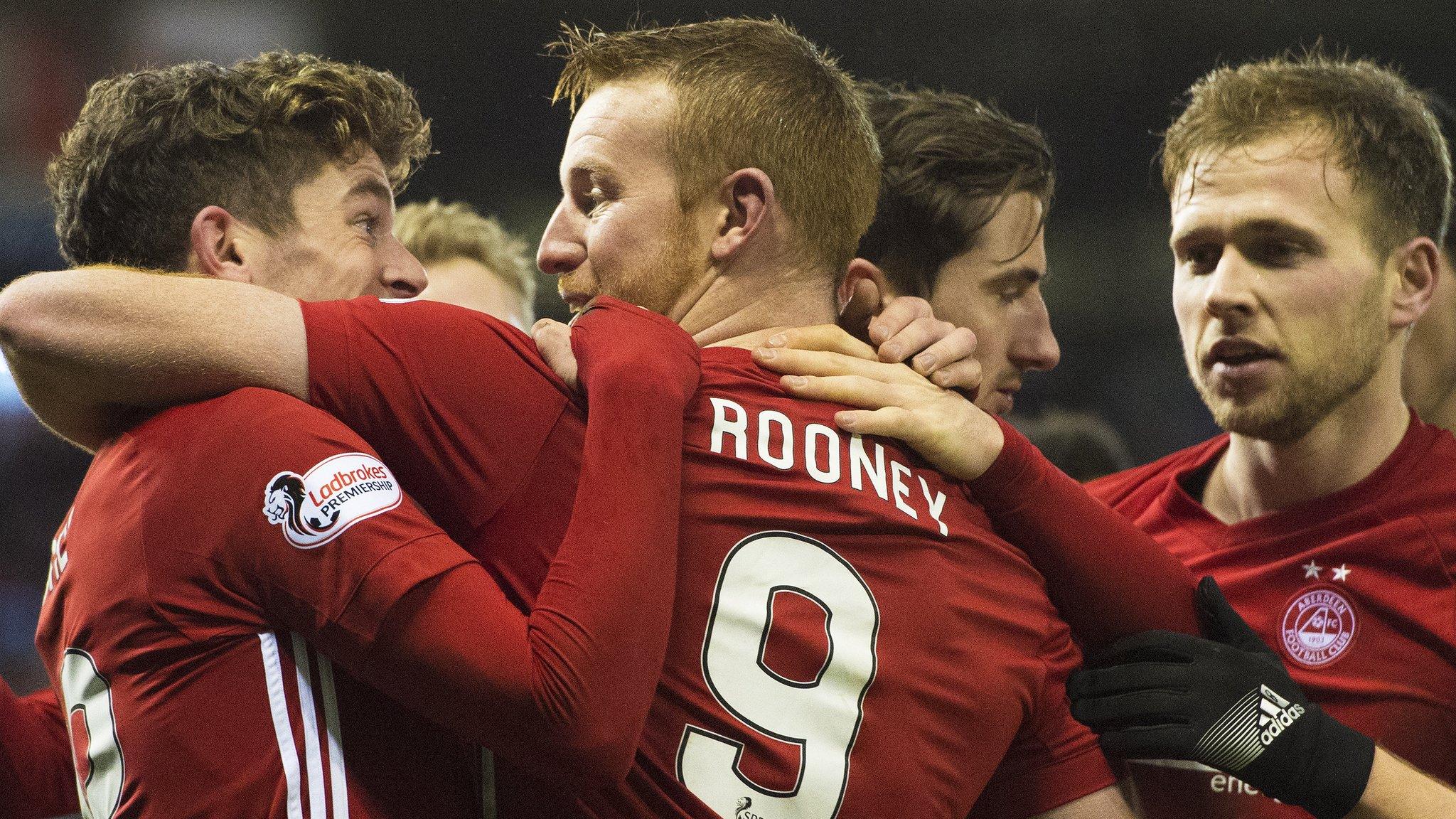 Ryan Christie (left) celebrates with Aberdeen goal-scorer Adam Rooney