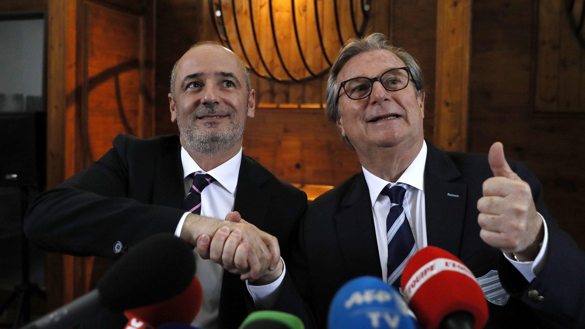 Stade Francais president Thomas Savare (left) and Racing 92 president Jacky Lorenzetti togerther at the announcement the club intend to merge