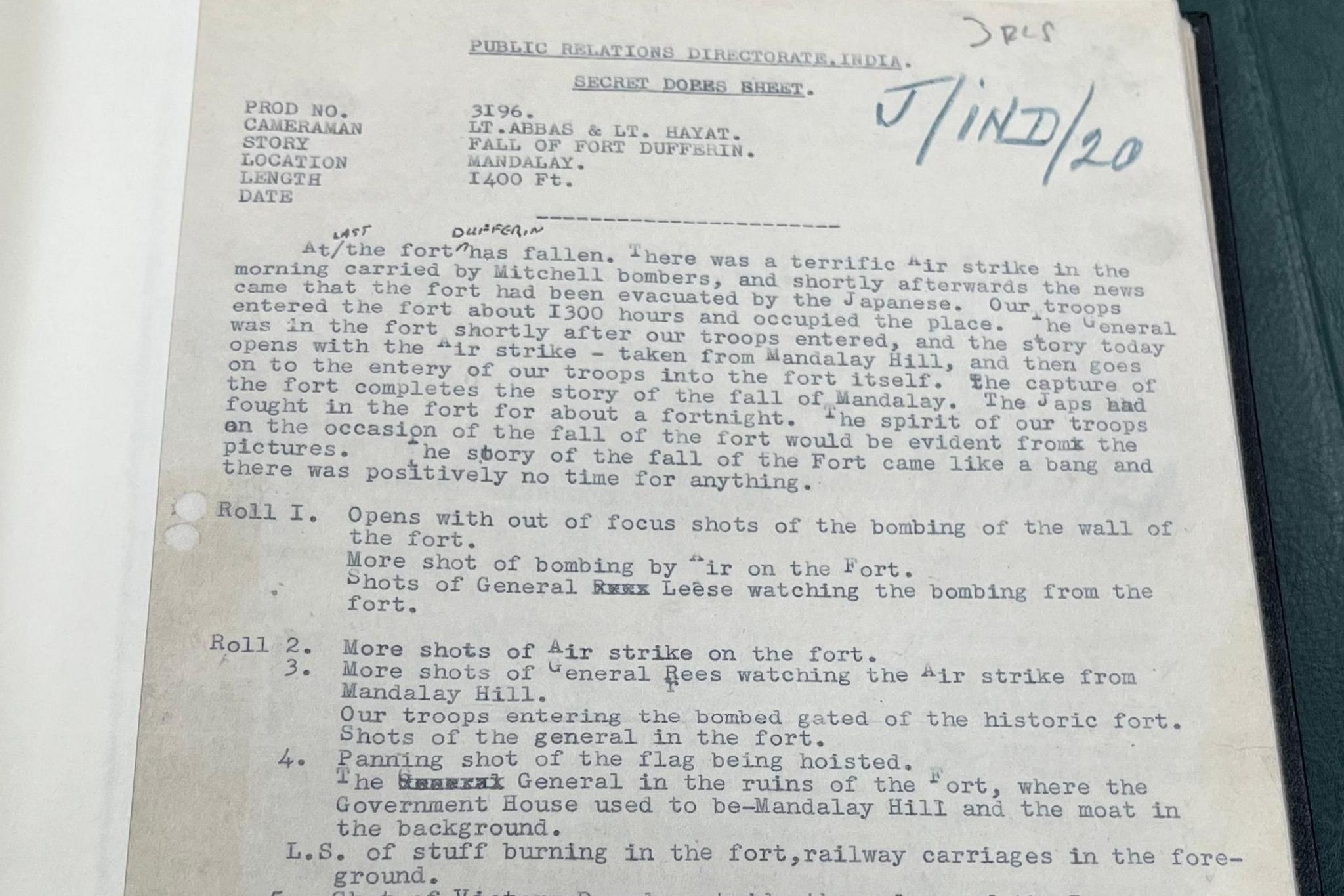Dope sheet describing footage Yavar Abbas shot at the fall of Fort Dufferin in Mandalay