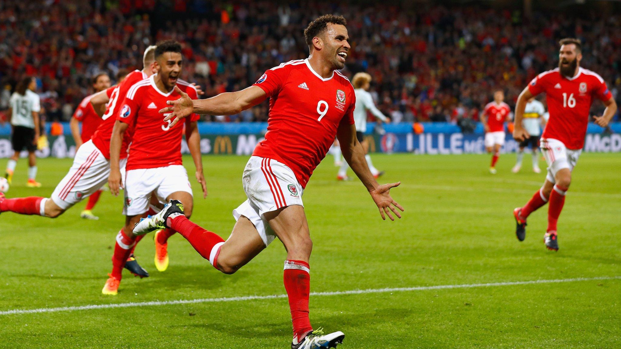 Wales players celebrate Hal Robson-Kanu's wonderfully-taken goal