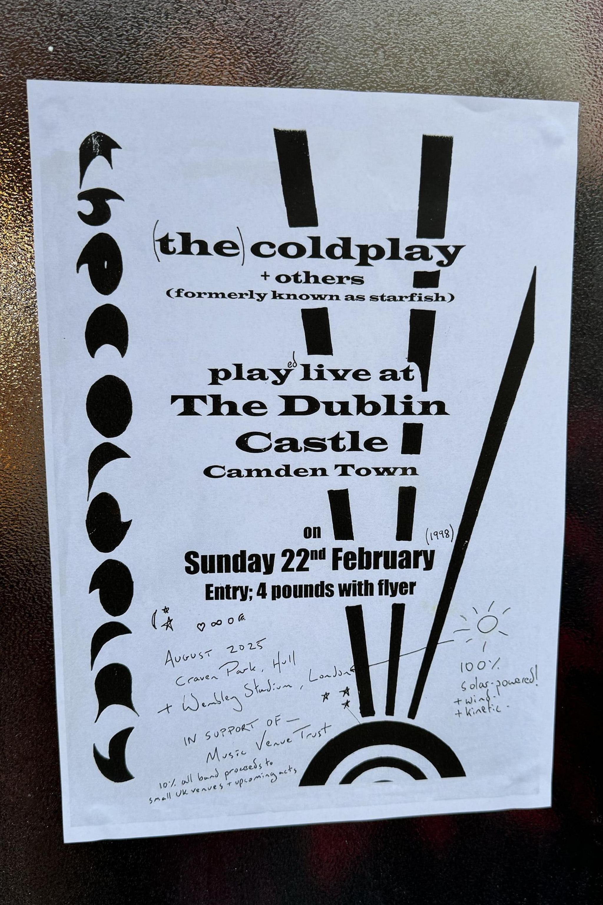 A vintage black and white Coldplay concert poster from 1998. The venues and dates of the 2025 concerts have been handwritten on the poster and read "August 2025, Craven Park, Hull and Wembley Stadium".