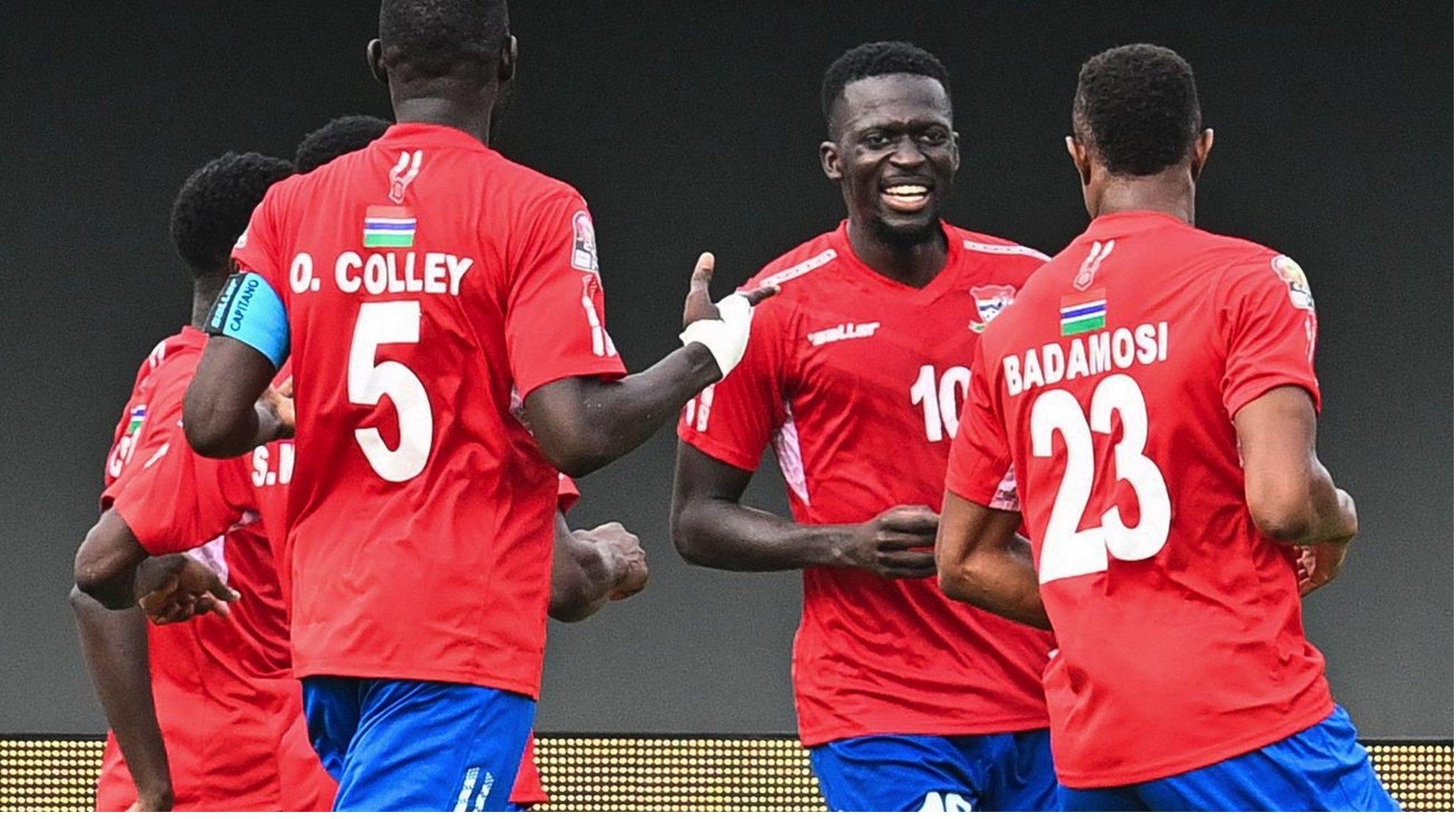 The Gambia celebrate Musa Barrow's late penalty against Mali