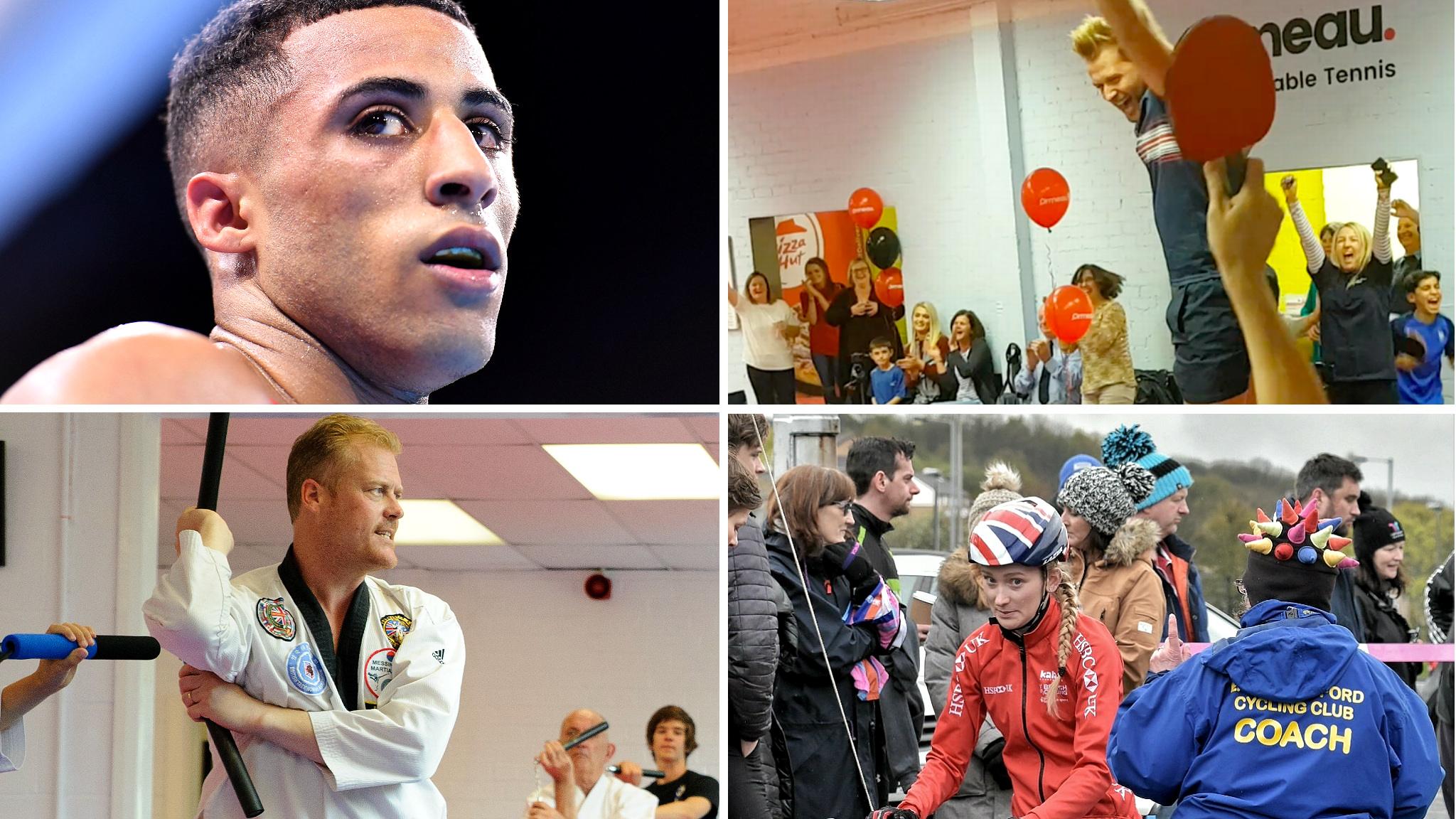 Commonwealth Gold medallist Galal Yafai (top left), a table tennis world record being broken at Ormeau (top right), Stuart Usher at Messingham Martial Arts (bottom left), Mandy Parker at East Bradford Cycling Club (bottom right)