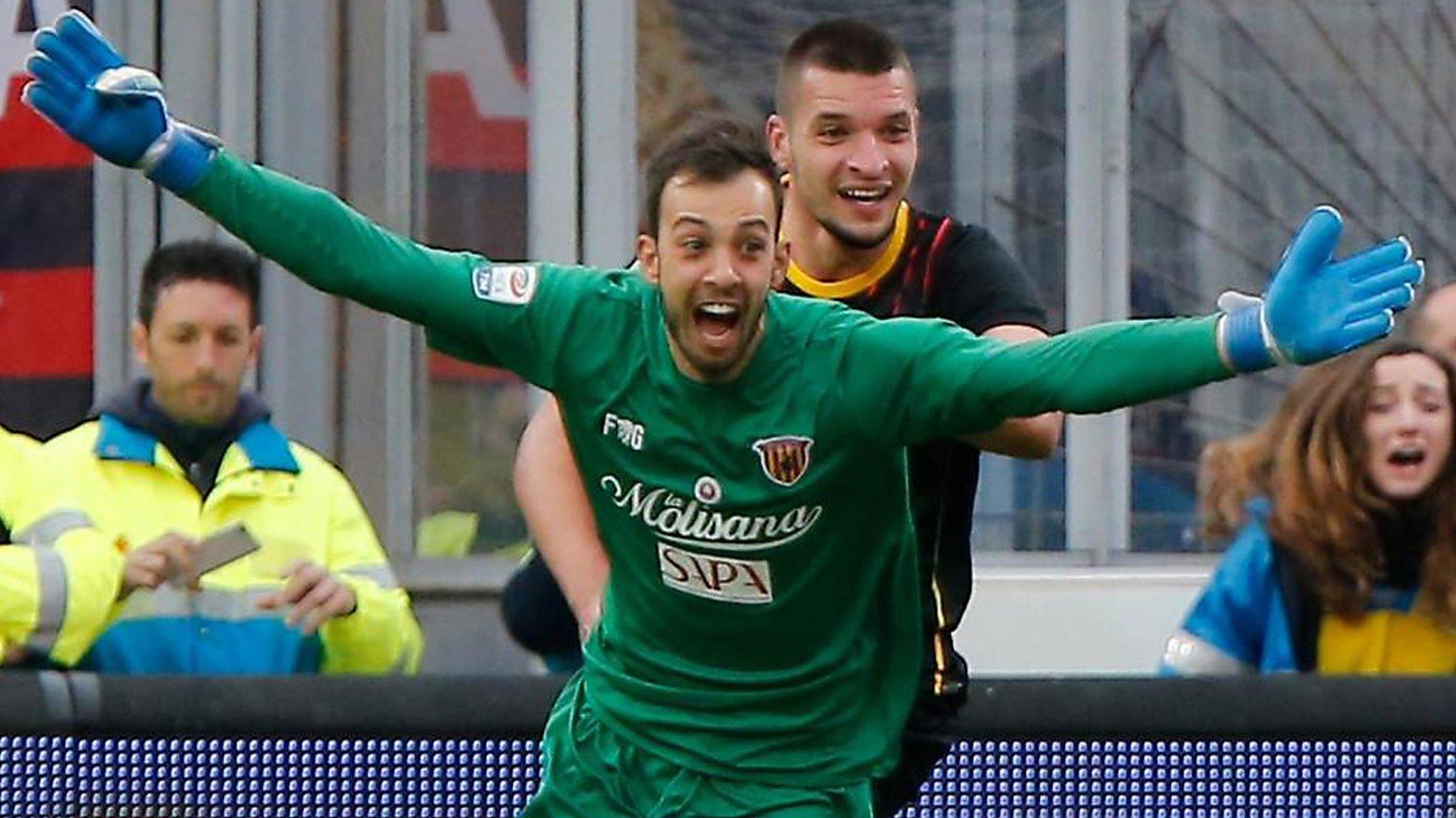 Goalkeeper Alberto Brignoli celebrates scoring a goal for Benevento