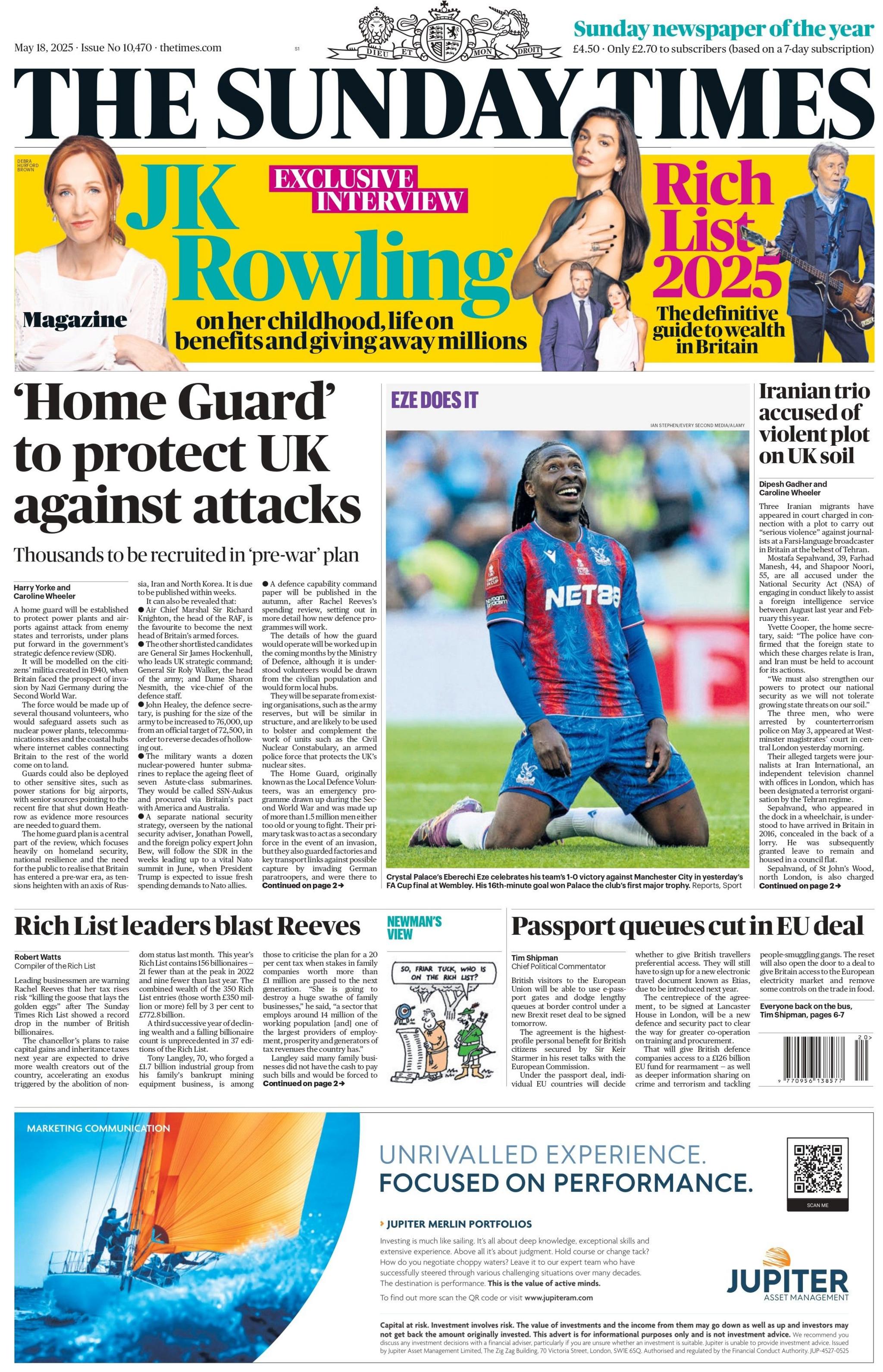 The front page of the Sunday Times which reads "Home Guard to protect UK against attacks."