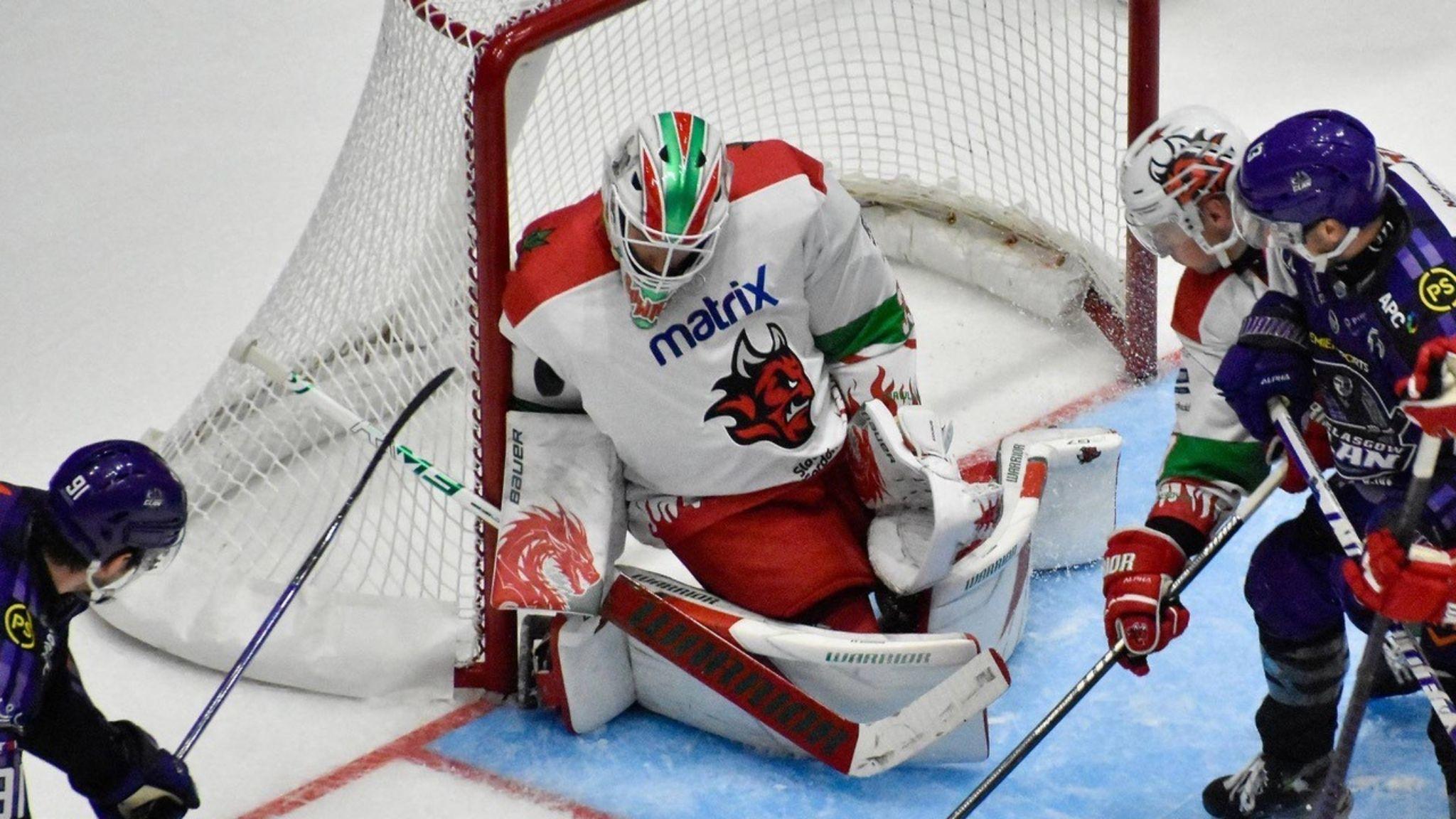 Cardiff Devils netminder Ben Bowns against Glasgow Clan