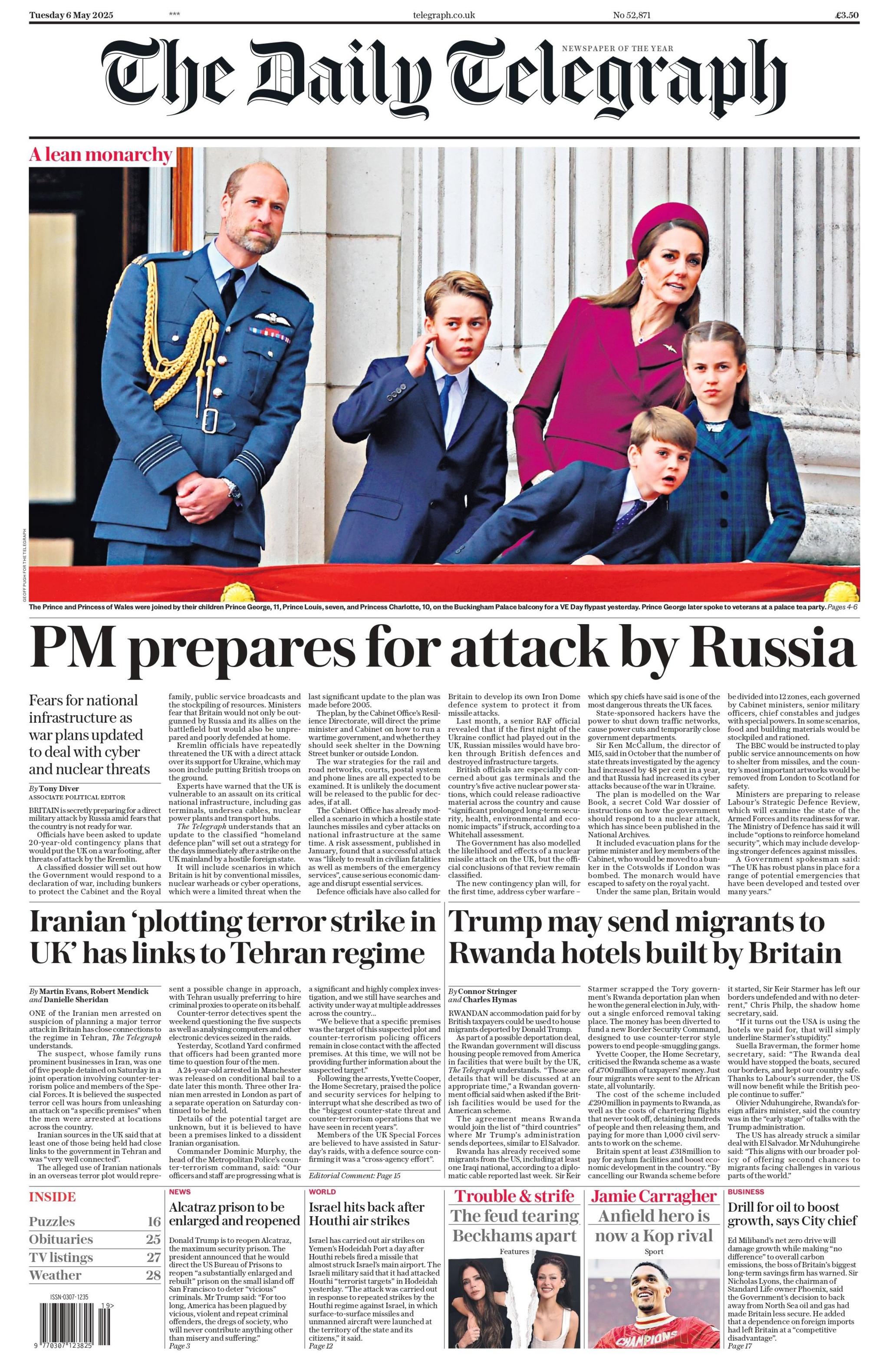 The headline on the front page of The Daily Telegraph features a photo of Prince William and Princess Catherine with their children. The main headline reads: "PM prepares for attack by Russia".