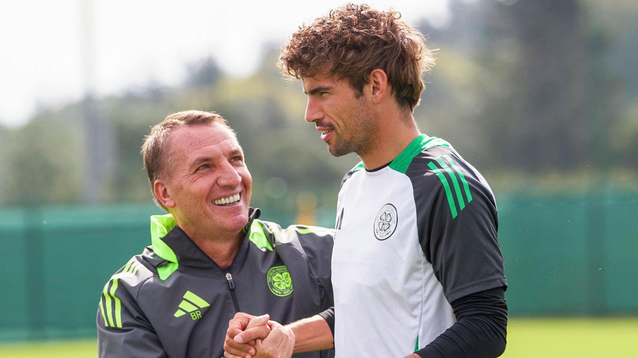 Celtic manager Brendan Rodgers with midfielder Matt O'Riley