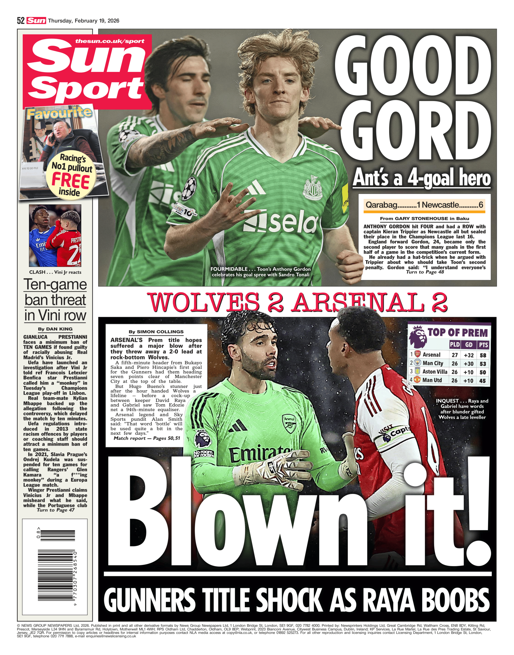 Back page of the Sun on 19 February 2026