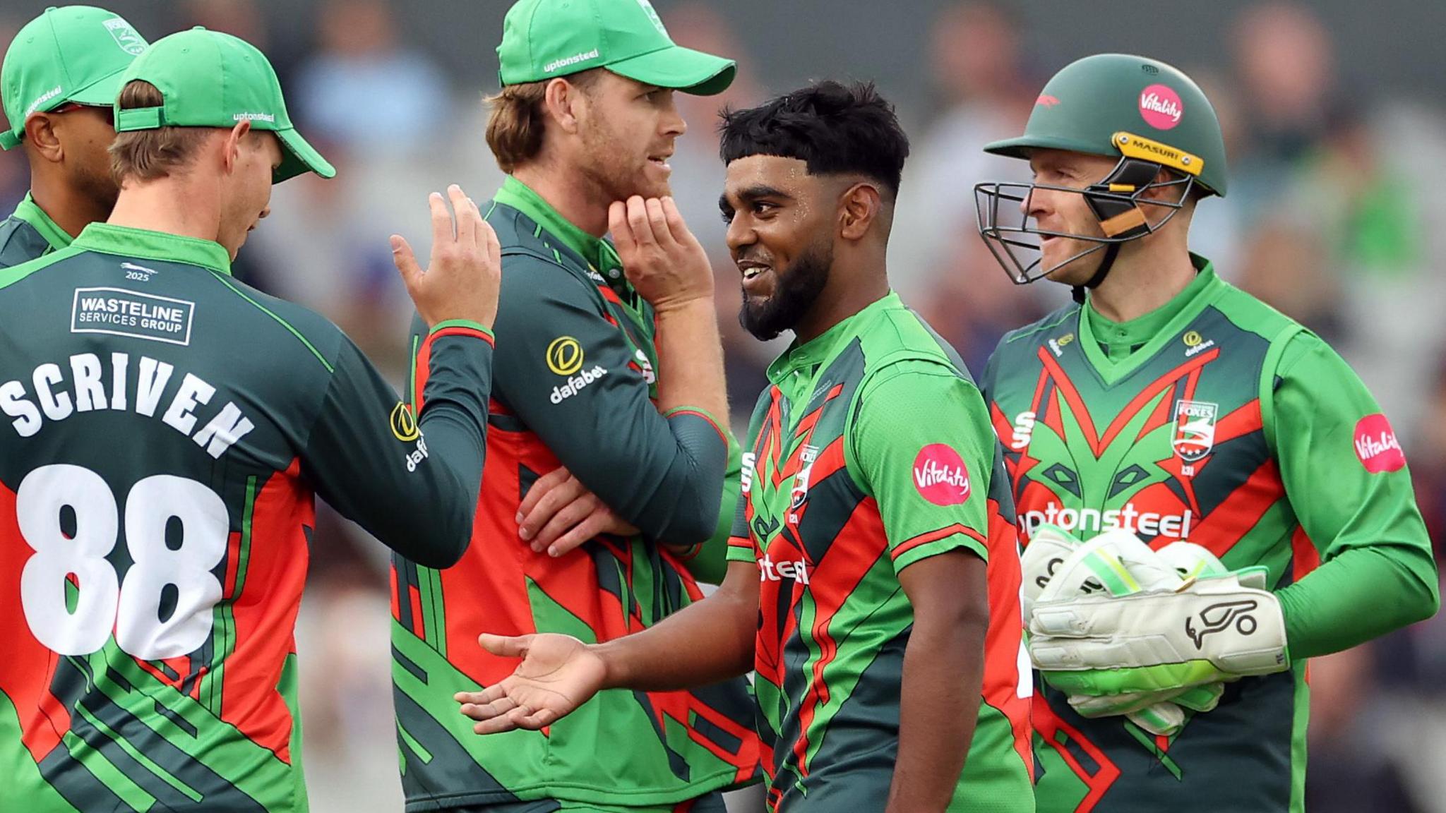 Rehan Ahmed celebrates a wicket for Leicestershire Foxes
