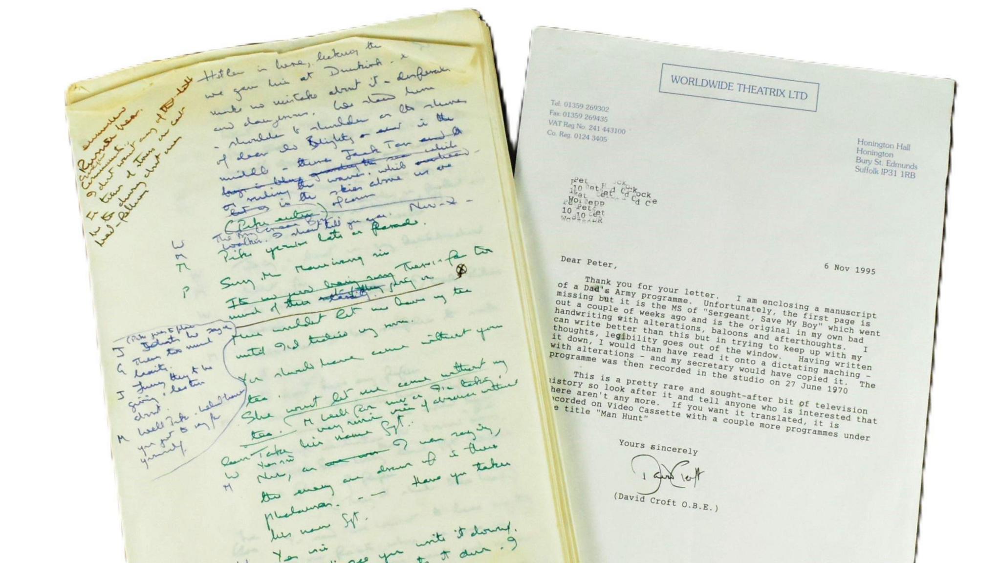 Photos of the handwritten script in a mix of blue and green ink next to the typed letter from David Croft which is signed by him.