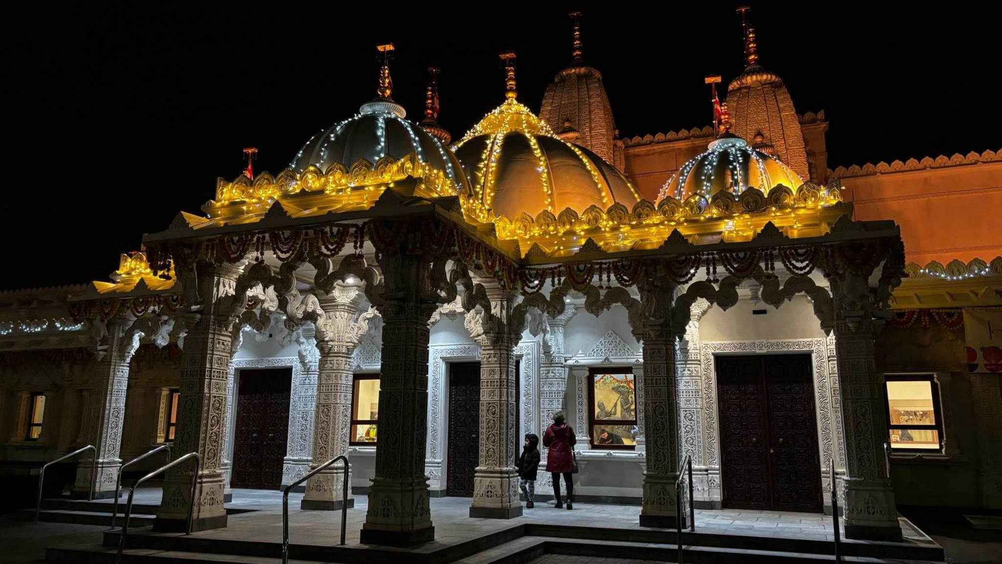 The Shri Swaminarayan temple in Leicester decorated with garlands and lights