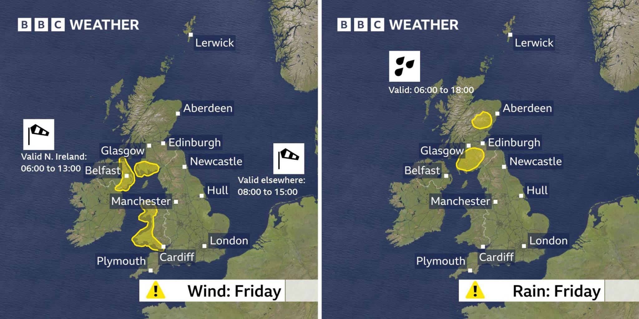 Two UK map images of the yellow weather warnings for Friday: On the left, the wind warning covers west Wales, eastern Northern Ireland and south-west Scotland. On the right, the rain warning covers south-west and north-east Scotland